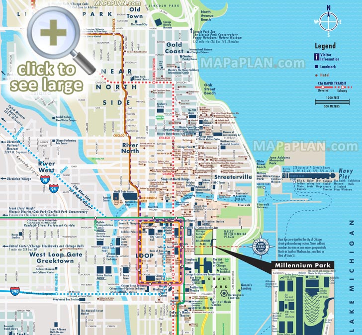 street road names plan central most popular points of interest elevated metra transport stops Millennium Park Old Town Chicago top tourist attractions map