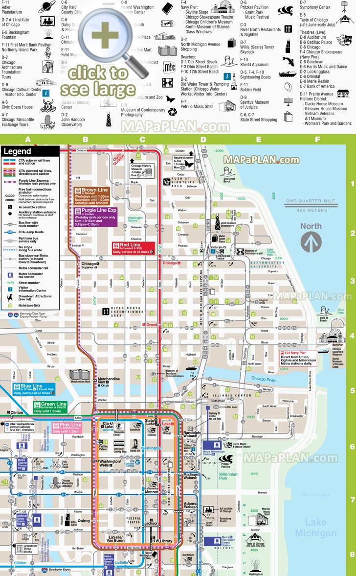 direction downtown hotels rta rail link transit Chicago river Civic Lyric Opera House navy pier willis sears tower Buckingham Fountain Chicago top tourist attractions map
