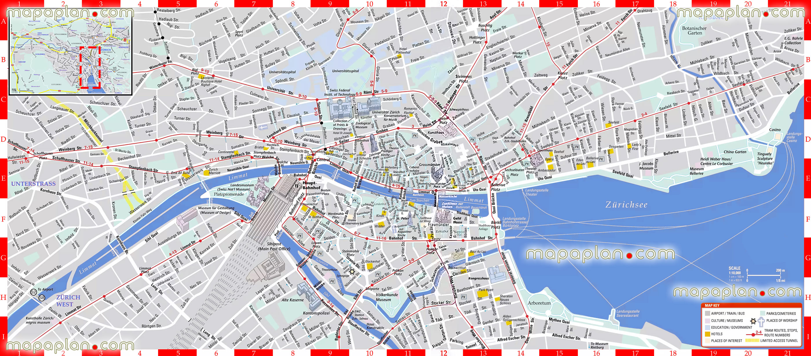 Zurich switzerland city center free printable interactive visitors detailed guide download tourists public transport stations tram stops plan inner city old town must see sights sightseeing places interest street namess Zurich Top tourist attractions map
