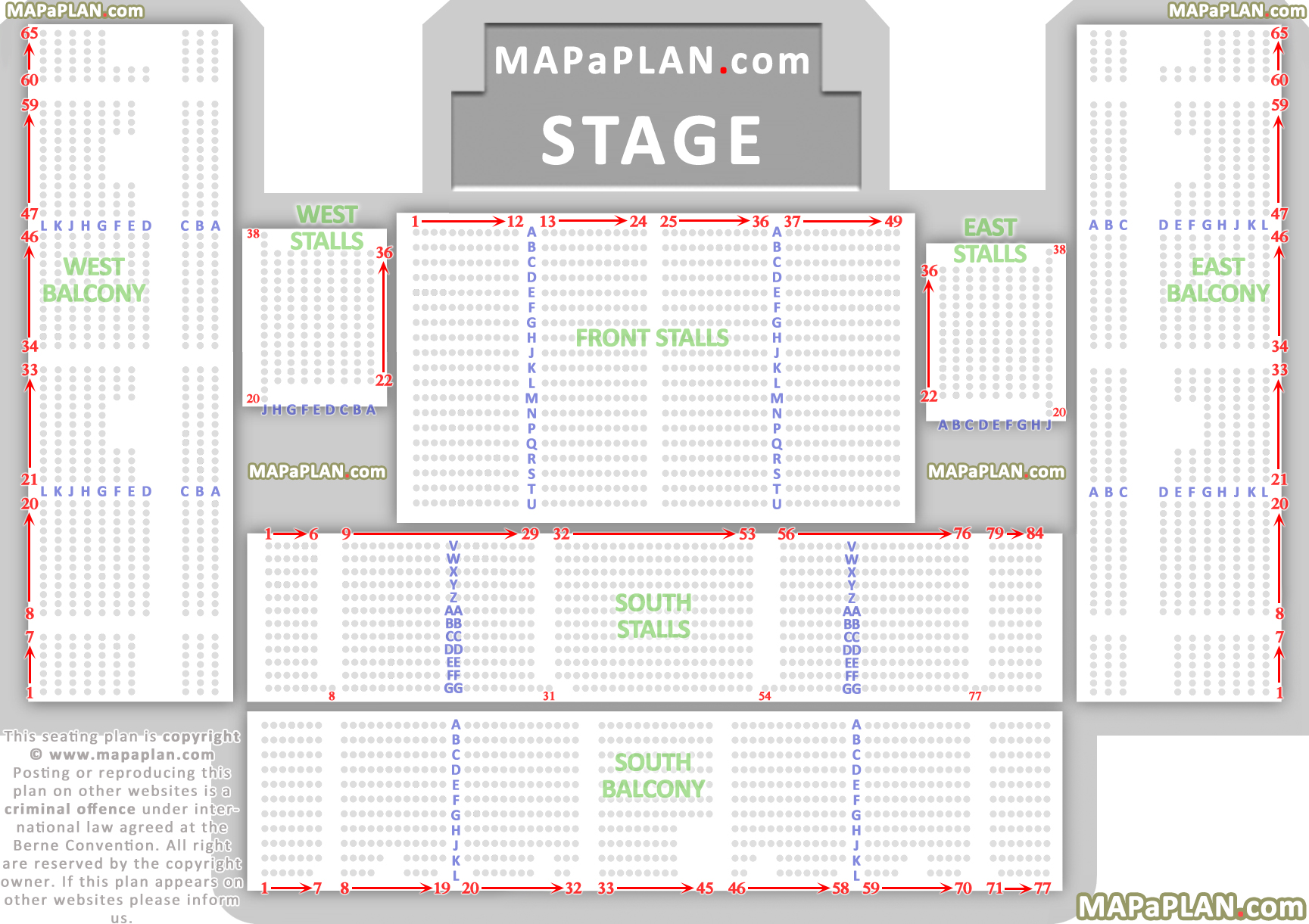 Brighton Centre Detailed Seat Row Numbers Concert Chart Showing Flat Front Stalls Raised Stalls And Balconies West East South