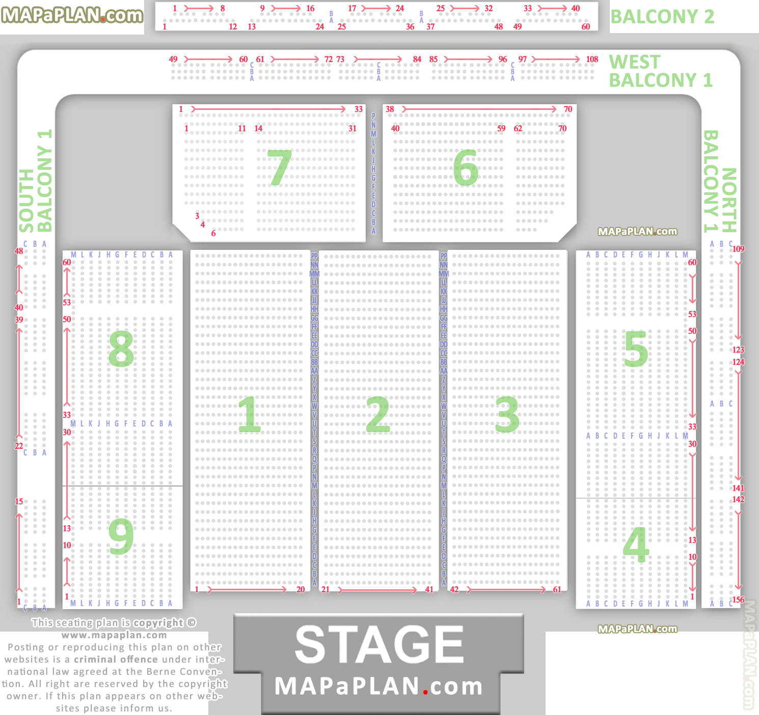 Detailed seat numbers chart with rows and blocks layout Cardiff International Arena seating chart
