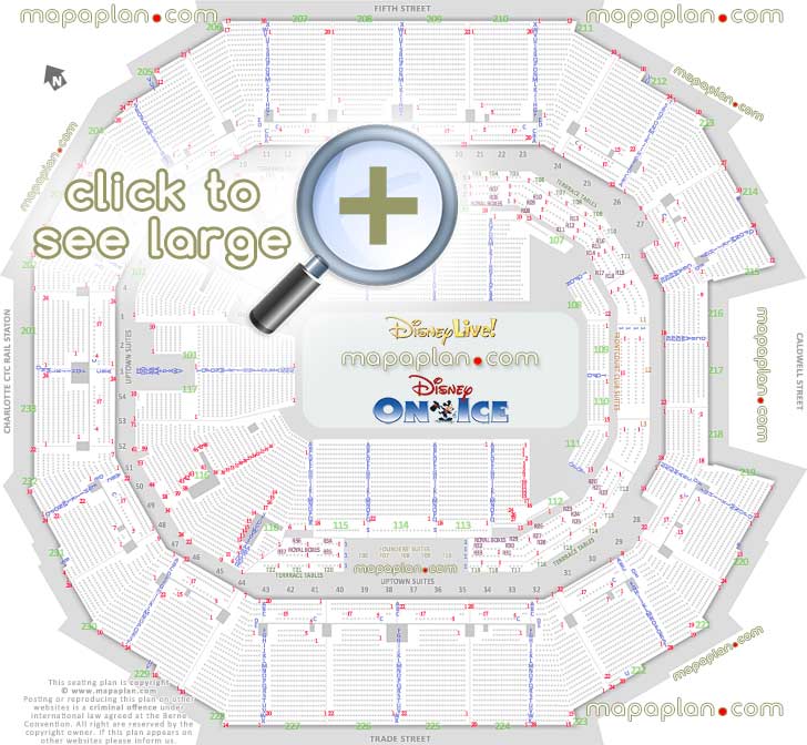 disney live ice charlotte usa best seat finder 3d interactive tool precise detailed aisle seat row numbering location data plan ice rink event floor level lower bowl concourse upper balcony seating uptown founders suites frontcourt backcourt club terrace tables royal boxes Charlotte Spectrum Center seating chart