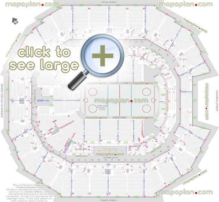 ice hockey arena seating capacity arrangement diagram time warner center arena north carolina interactive virtual 3d detailed layout glass rinkside lower upper level stadium bowl sections full exact row numbers plan seats lower upper level Charlotte Spectrum Center seating chart