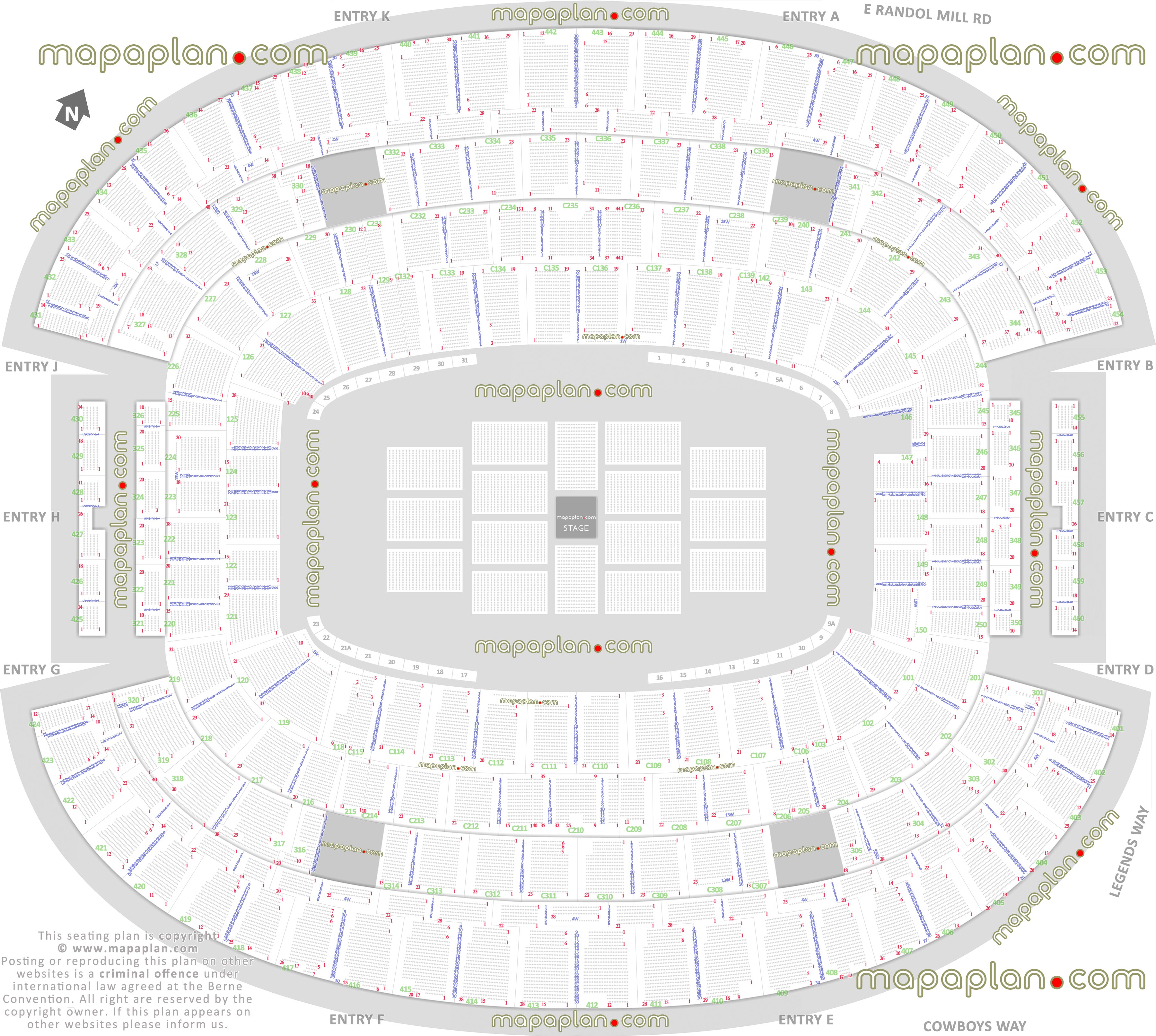 concert stage round printable virtual layout 360 degree arrangement interactive diagram seats row hall fame club level main mezzanine upper concourse balcony sections standing room only sro wheelchair disabled handicap accessible seats plan premium executive loge boxes luxury party suites sections 101 102 103 119 120 124 126 127 144 202 203 205 218 219 224 227 241 242 243 302 303 317 318 Dallas Cowboys AT&T Stadium seating chart