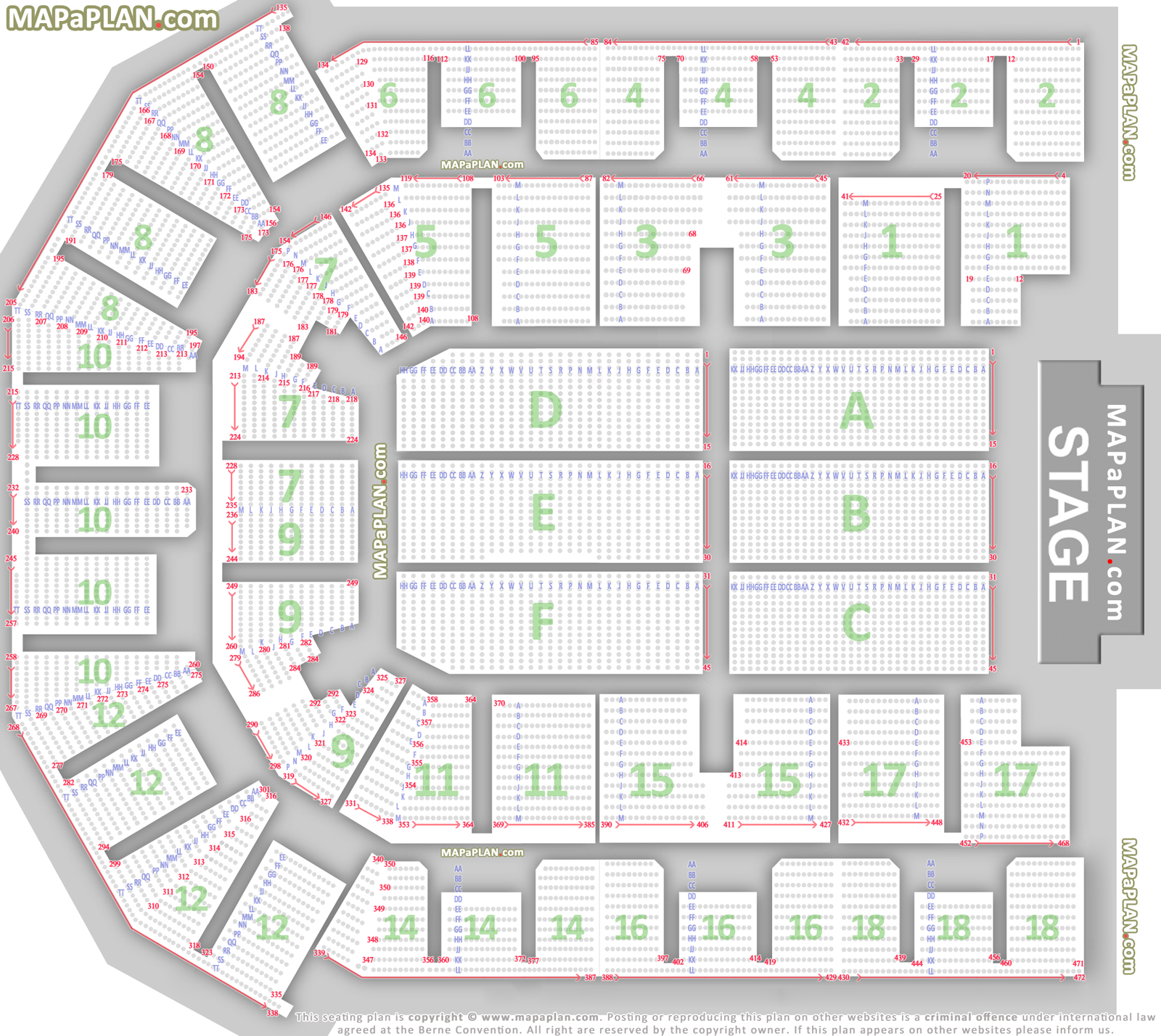 Detailed seat numbers chart with rows and blocks layout Liverpool M&S Bank Arena seating plan