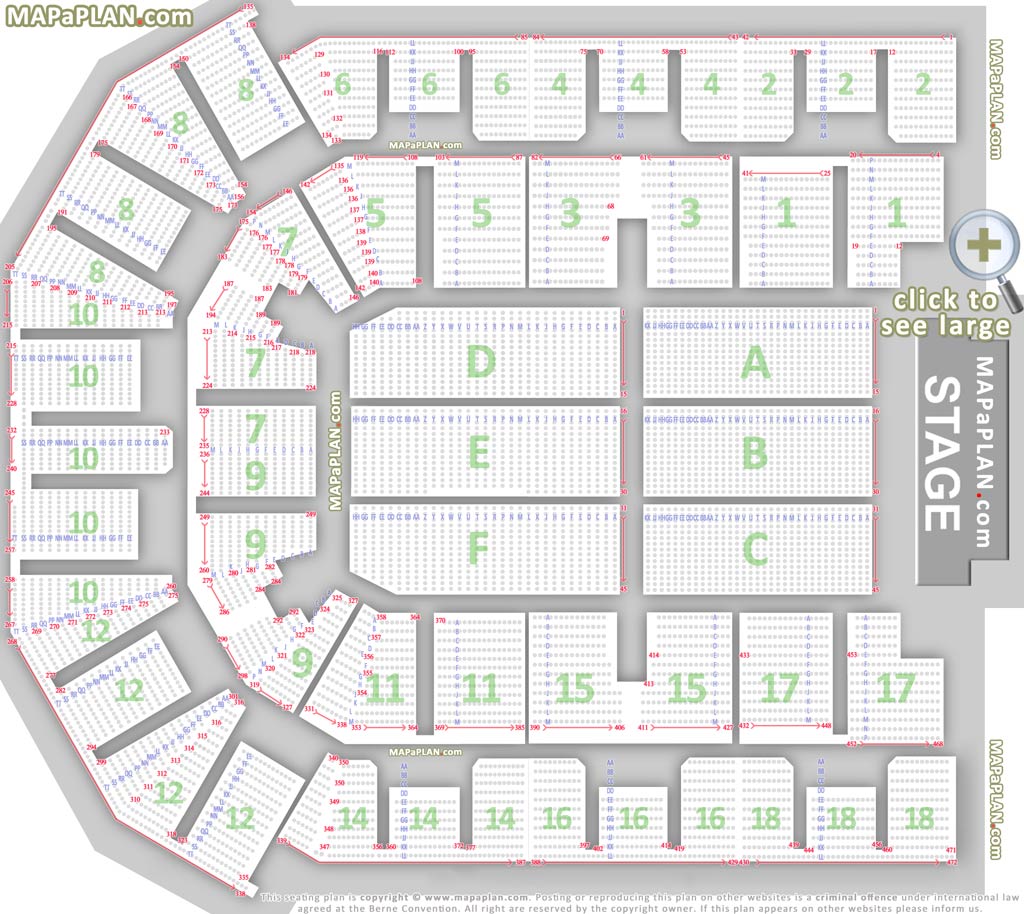 Detailed seat numbers chart with rows and blocks layout Liverpool M&S Bank Arena seating plan
