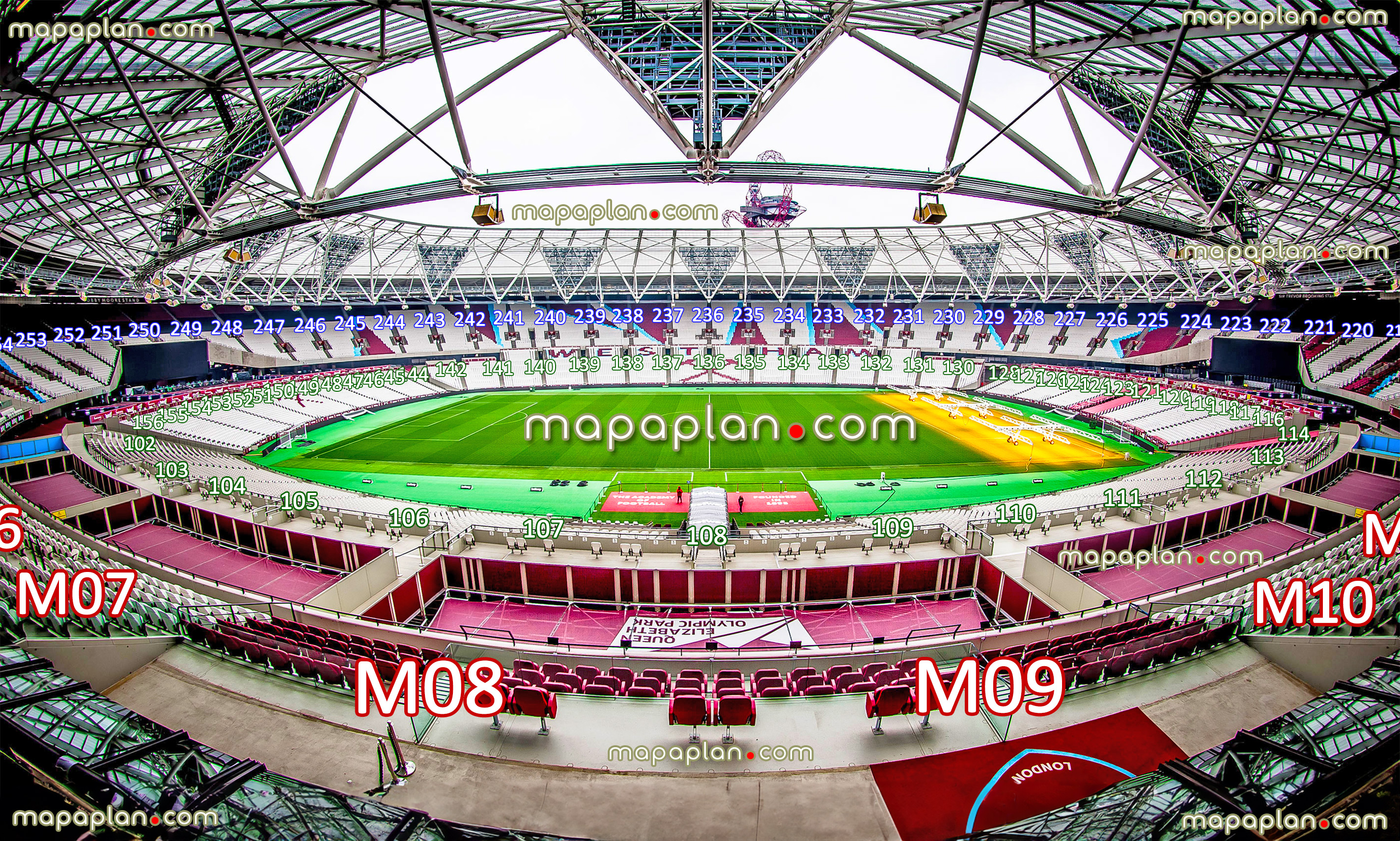 London Stadium (West Ham United Olympic Park) virtual seating chart view from block 208 row 54 seat 420 west ham united football match seating capacity 360 aerial inside view arrangement plan interactive virtual 3d seats rows detailed stadium image layout club london boxes