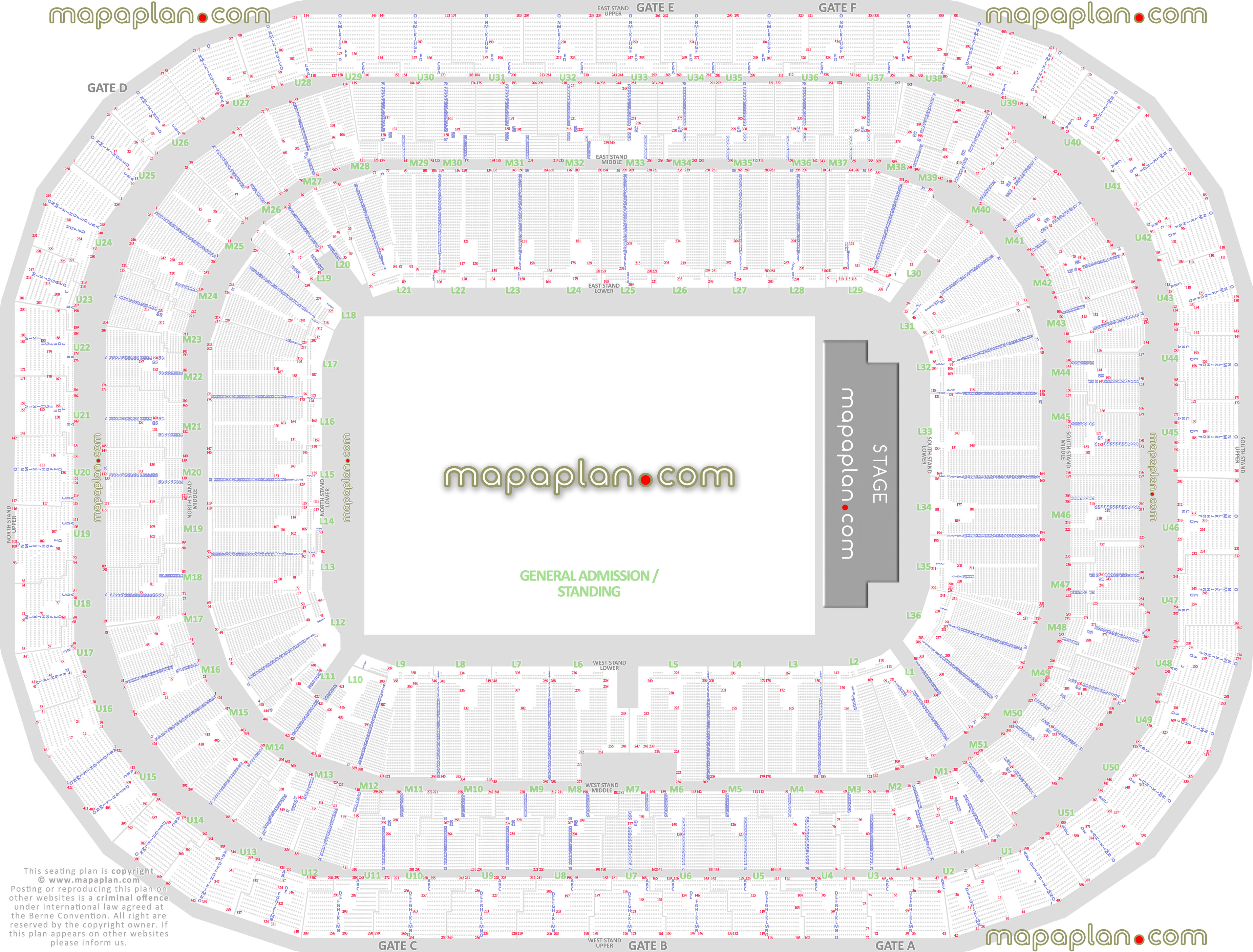 best seat row numbers end stage general admission concert how many rows north south west east stand lower middle upper tier arena chart gate arrangement diagram London Twickenham Stadium seating plan