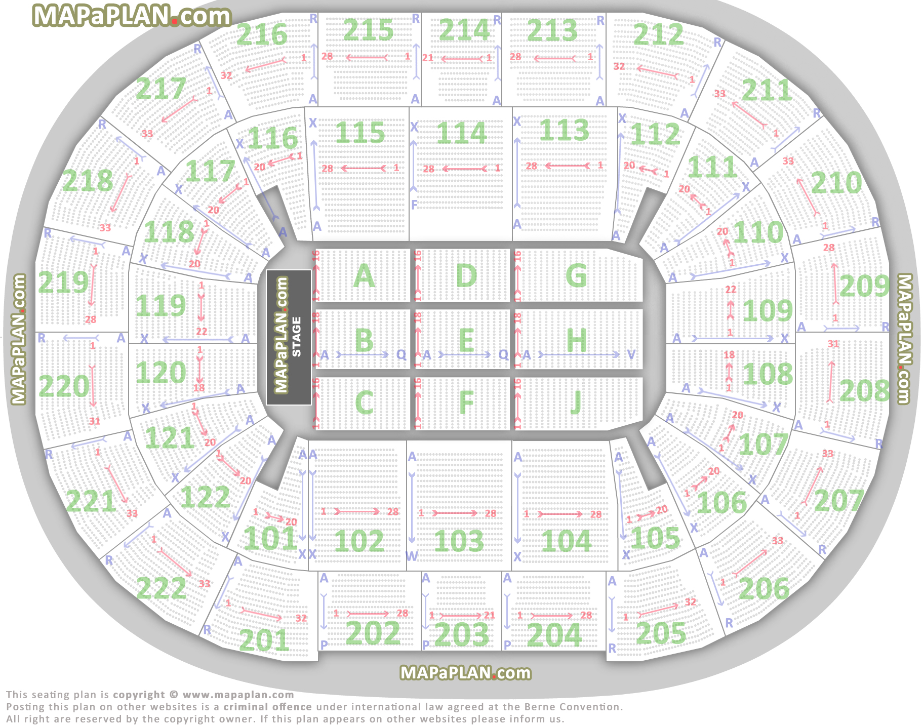 Detailed chart with individual seats rows blocks numbers Manchester AO Arena seating plan