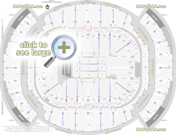 detailed seat row numbers end stage full concert sections floor plan arena lower upper level layout Miami Kaseya Center Arena seating chart