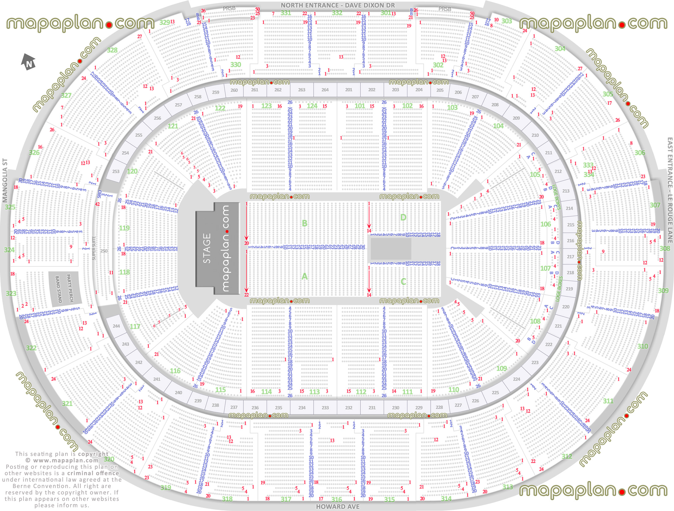 detailed seat row numbers end stage concert sections floor plan map arena lower upper level layout New Orleans Smoothie King Center arena seating chart