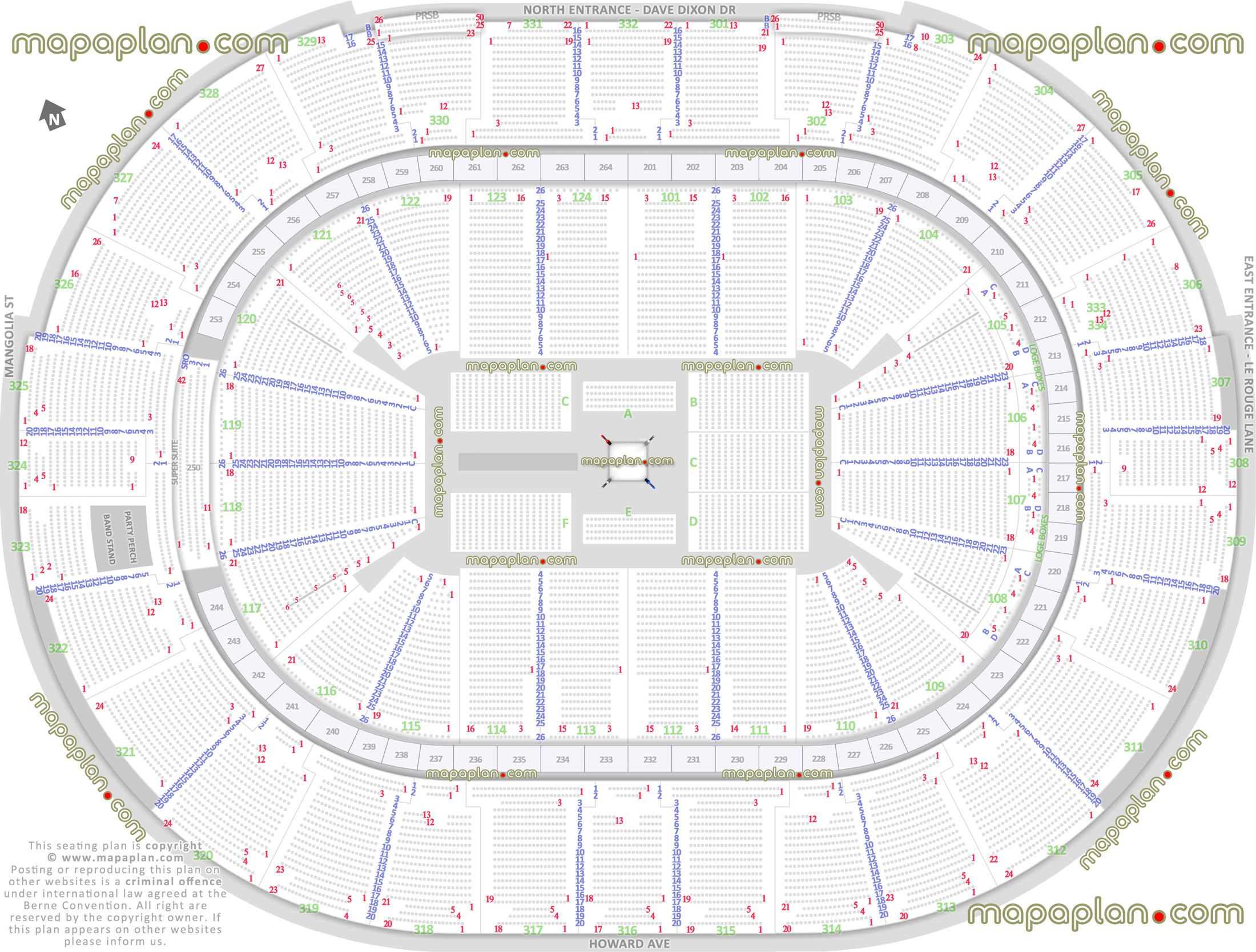 wwe raw smackdown wrestling boxing match events new orleans louisiana map row numbers 360 round ring floor configuration diagram rows upper balcony level 301 302 303 304 305 306 307 308 309 310 311 312 313 314 315 316 317 318 319 320 321 322 323 324 325 326 327 328 329 330 331 332 New Orleans Smoothie King Center arena seating chart