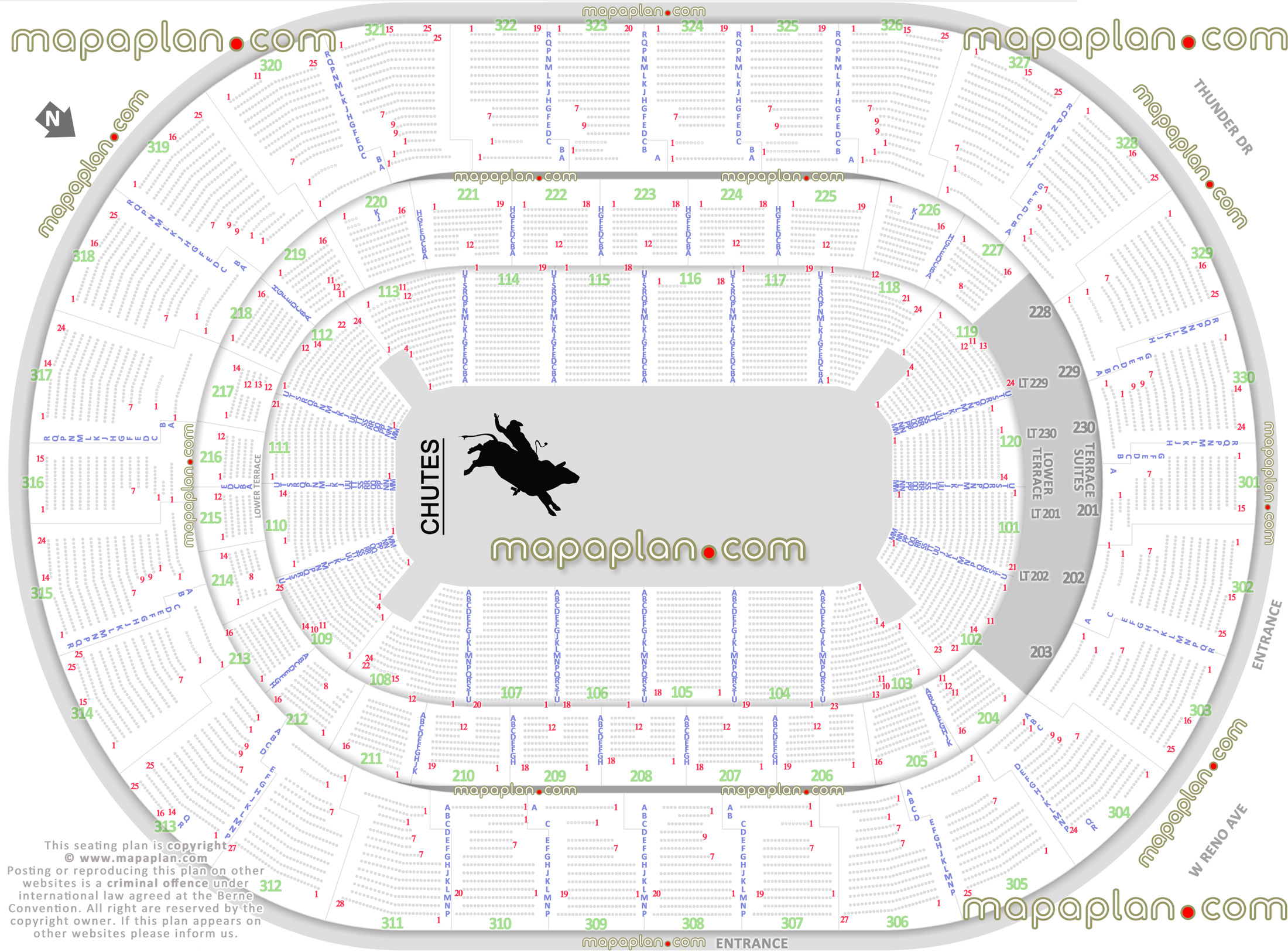 pbr professional bull riders rodeo oklahoma city oklahoma usa detailed seating capacity 3d arrangement arena row numbers layout lower club upper level main entrance gate exits map west east south north detailed fully seated chart setup standing room only sro areas wheelchair disabled handicap accessible seats plan Oklahoma City Paycom Center Arena seating chart