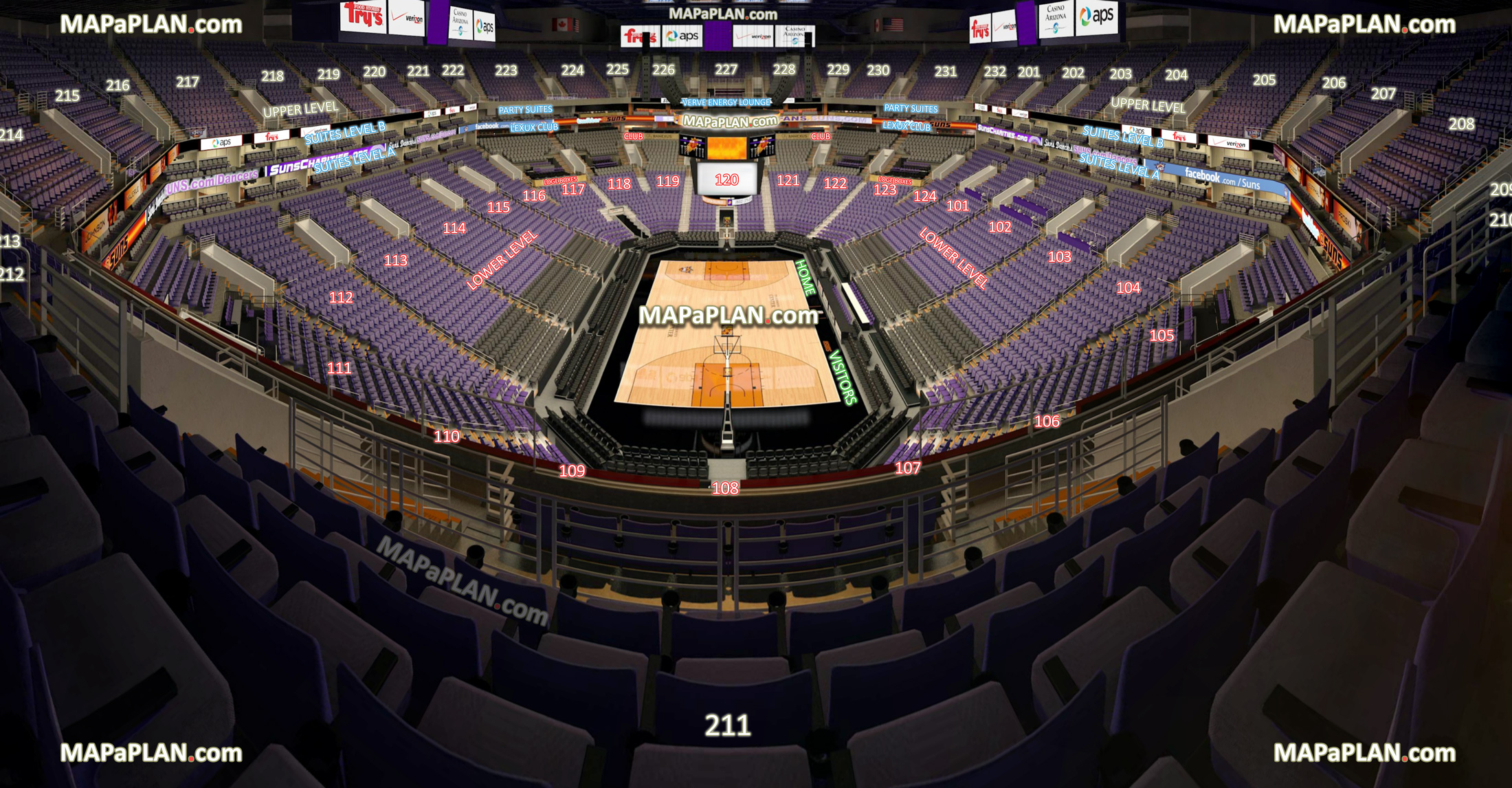 view section 211 row 10 seat 8 suns mercury wnba ncaa college basketball tournament home visitors bench court sideline baseline corner courtside club end Phoenix Footprint Center Arena seating chart
