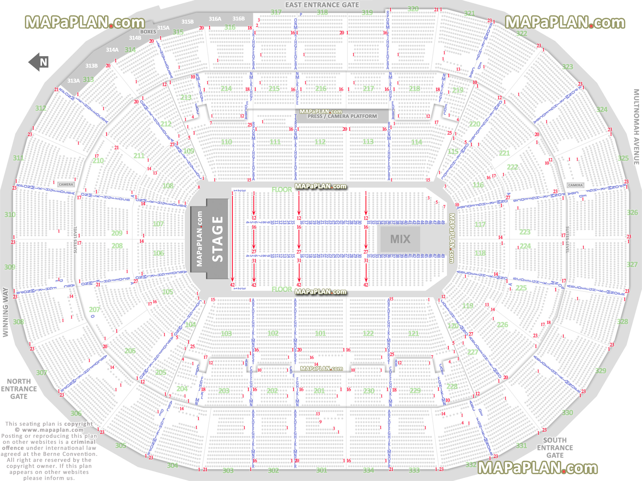 højen Grine billetpris Moda Center (Rose Garden Arena) - Detailed seat & row numbers end stage  concert sections floor plan map with arena 100, 200, 300 & club level  layout, Portland