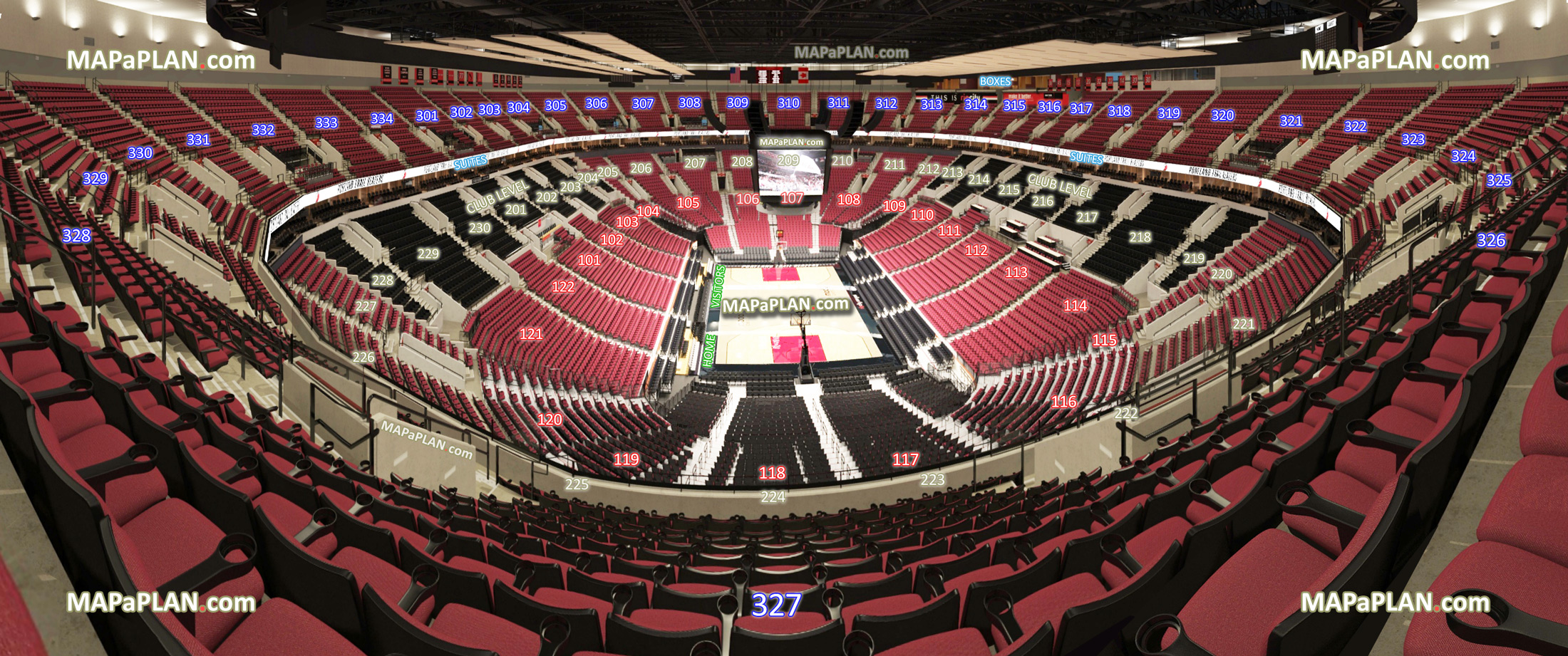 view section 327 row o seat 10 trail blazers ncaa college basketball tournament home visitors bench court sideline baseline corner floor courtside club seats Portland Moda Center seating chart