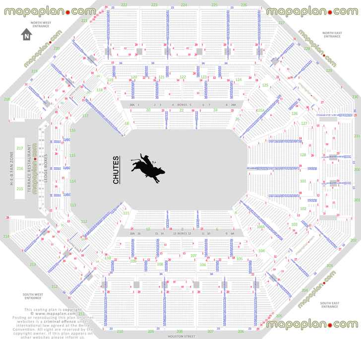 rodeo stock show prca detailed fully seated chart setup standing room only sro area wheelchair disabled handicap accessible seats plan arena main entrance gate exits map San Antonio Frost Bank Center seating chart