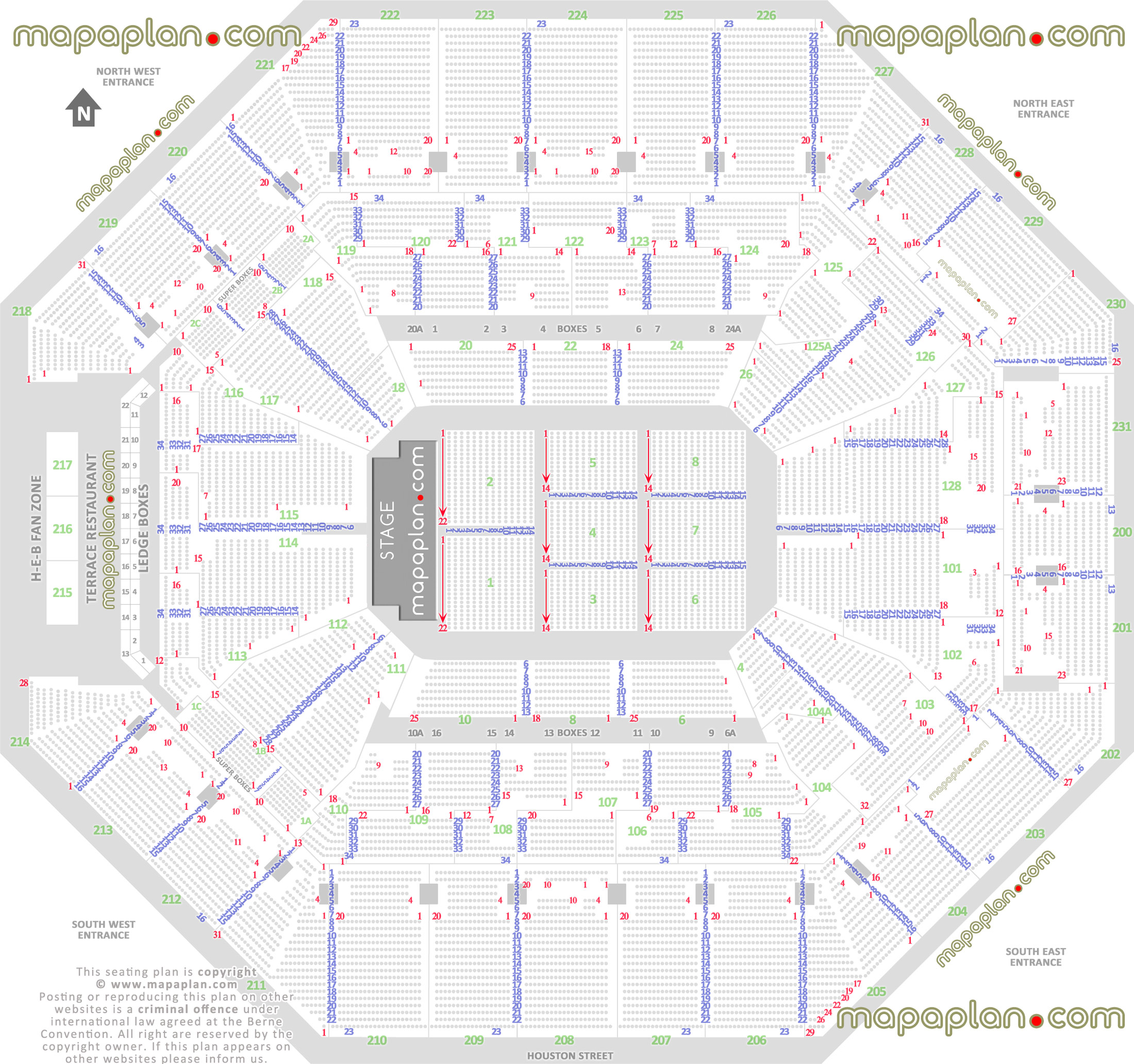 detailed seat row numbers end stage concert sections floor plan map arena lower upper level layout San Antonio Frost Bank Center seating chart