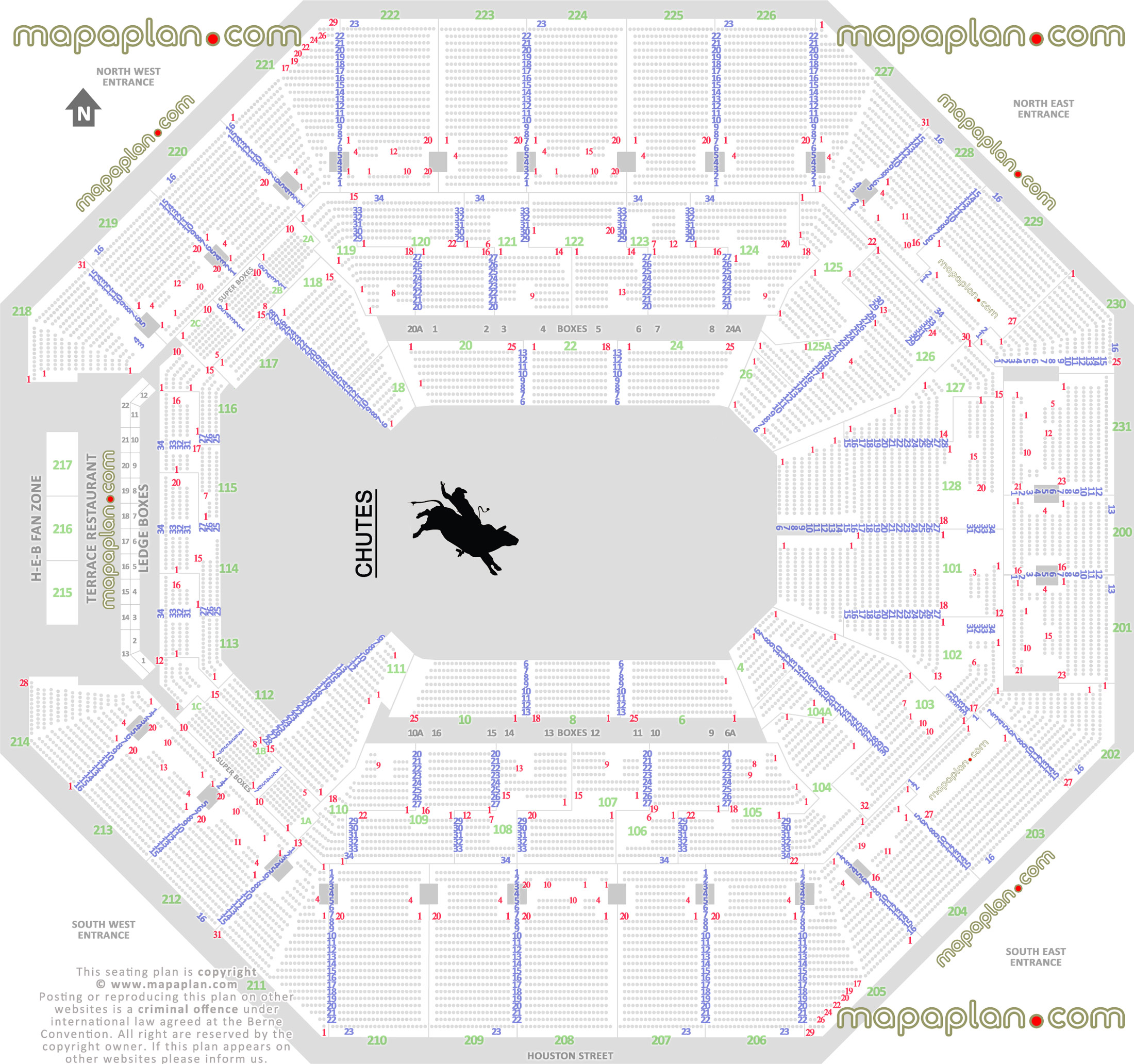 rodeo stock show prca detailed fully seated chart setup standing room only sro area wheelchair disabled handicap accessible seats plan arena main entrance gate exits map San Antonio Frost Bank Center seating chart