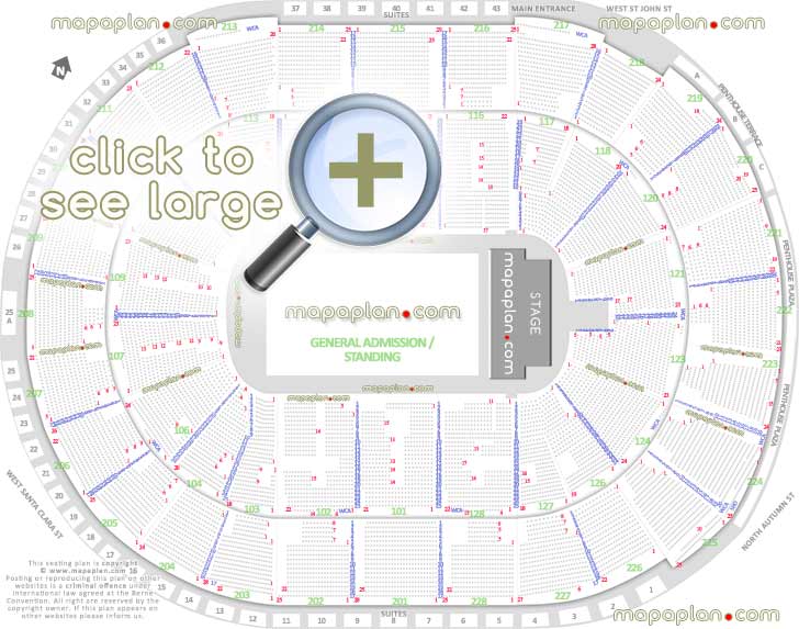 general admission ga floor standing concert capacity plan SAP Center ca san jose arena concert stage floor pit plan sections best seat selection information guide virtual interactive image map San Jose SAP Center seating chart