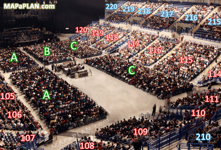 Concert stage view from seat in Block 209 - Row P - Virtual interactive tour with inside sections tier levels Sheffield Utilita Arena seating plan
