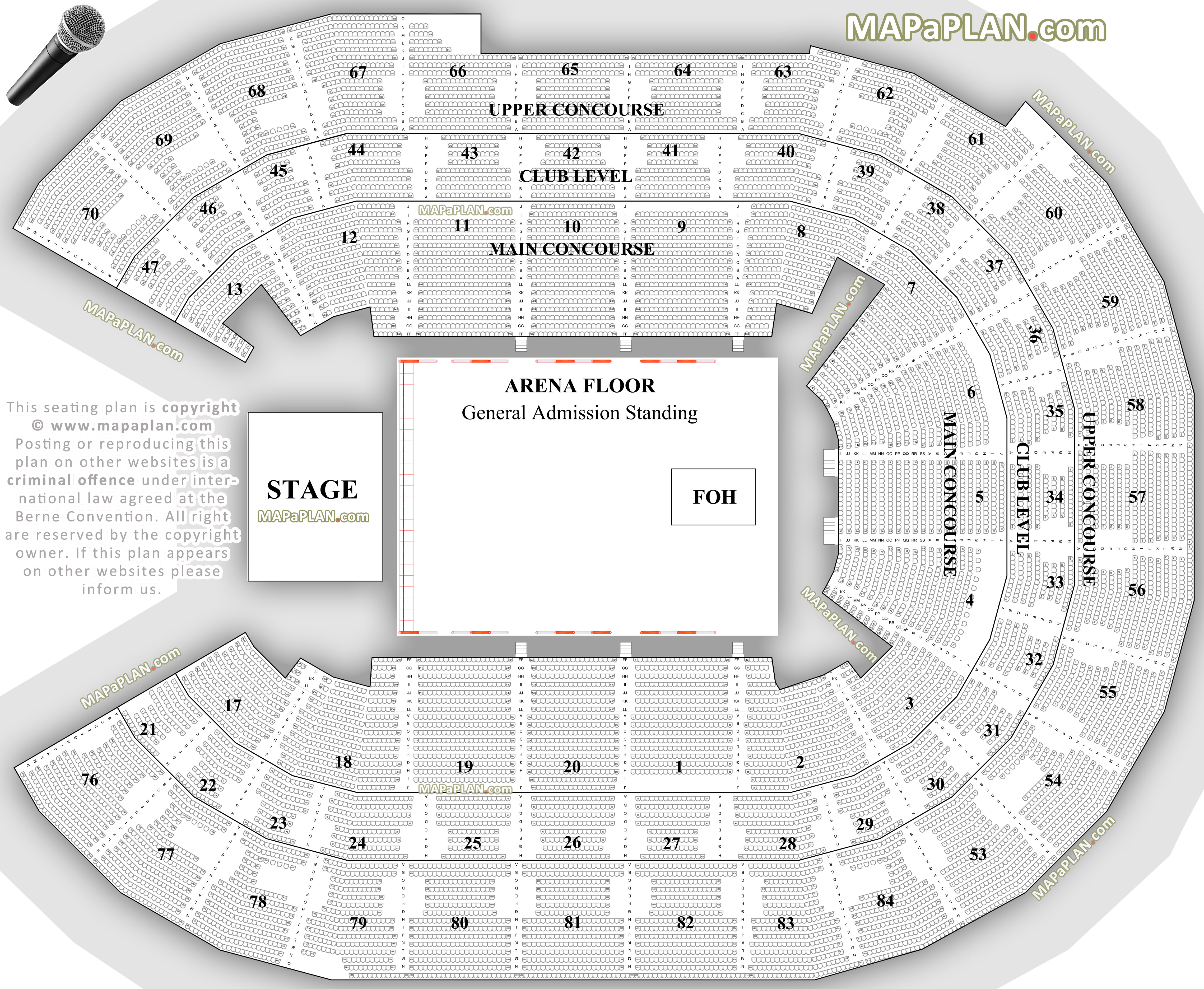 General admission flat floor standing layout upper concourse seated diagram map Sydney Qudos Bank Arena seating chart