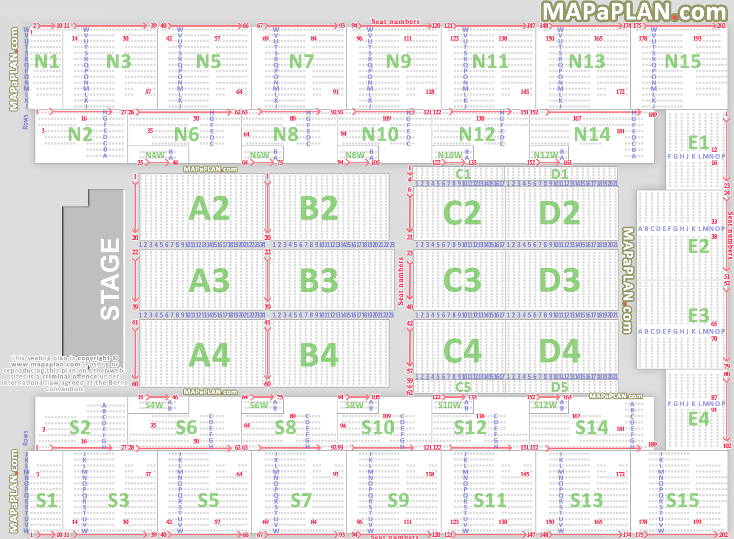 Detailed seat numbers chart with rows and blocks layout Wembley OVO Arena London seating plan