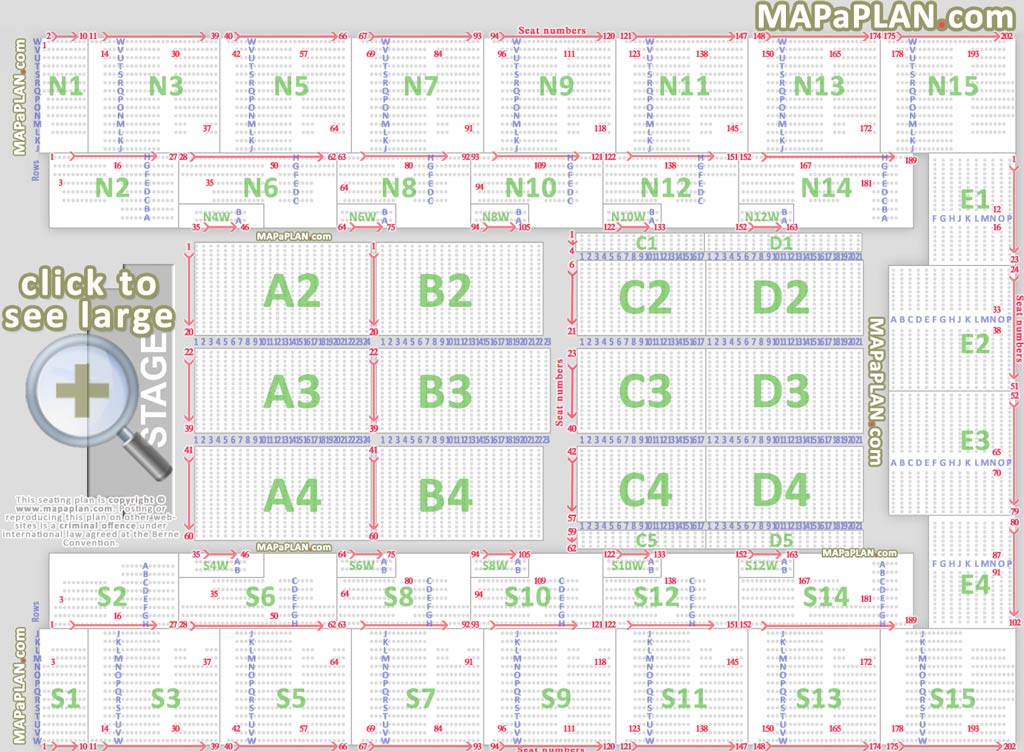 Detailed seat numbers chart with rows and blocks layout Wembley OVO Arena London seating plan