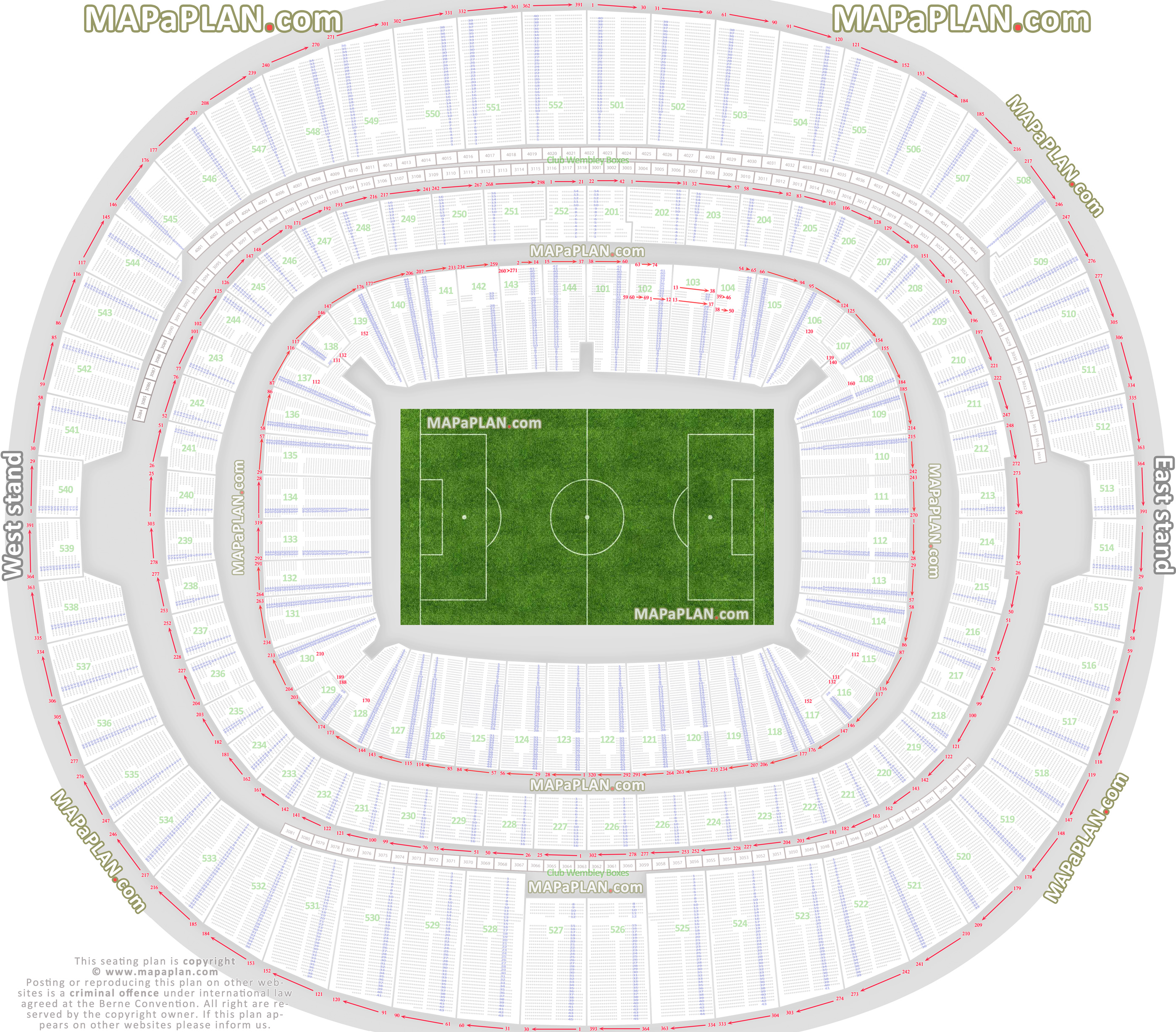 Wembley Stadium seating plan Detailed row and block numbering diagram for football cup finals and international matches