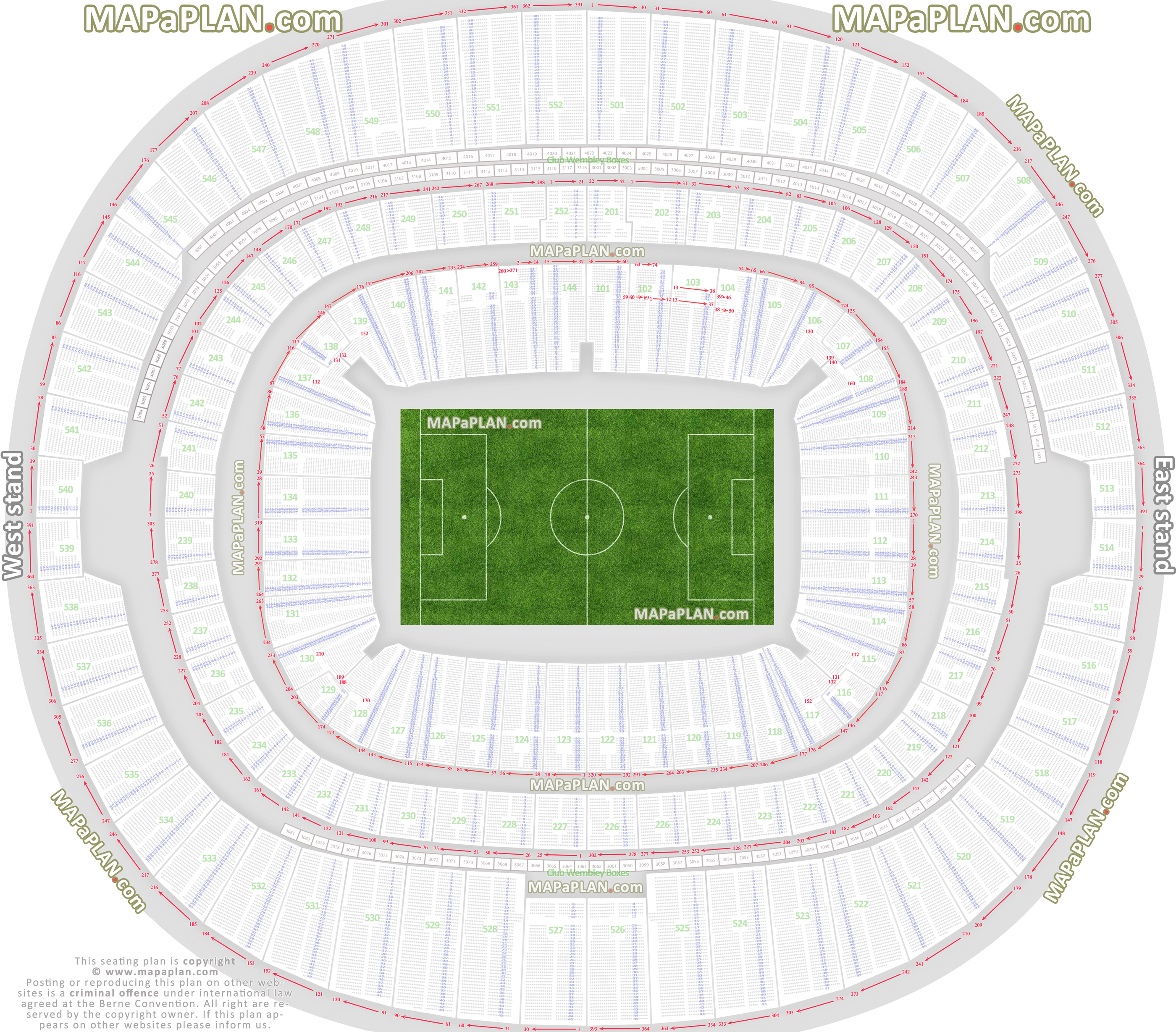 Wembley Stadium seating plan Detailed row and block numbering diagram for football cup finals matches