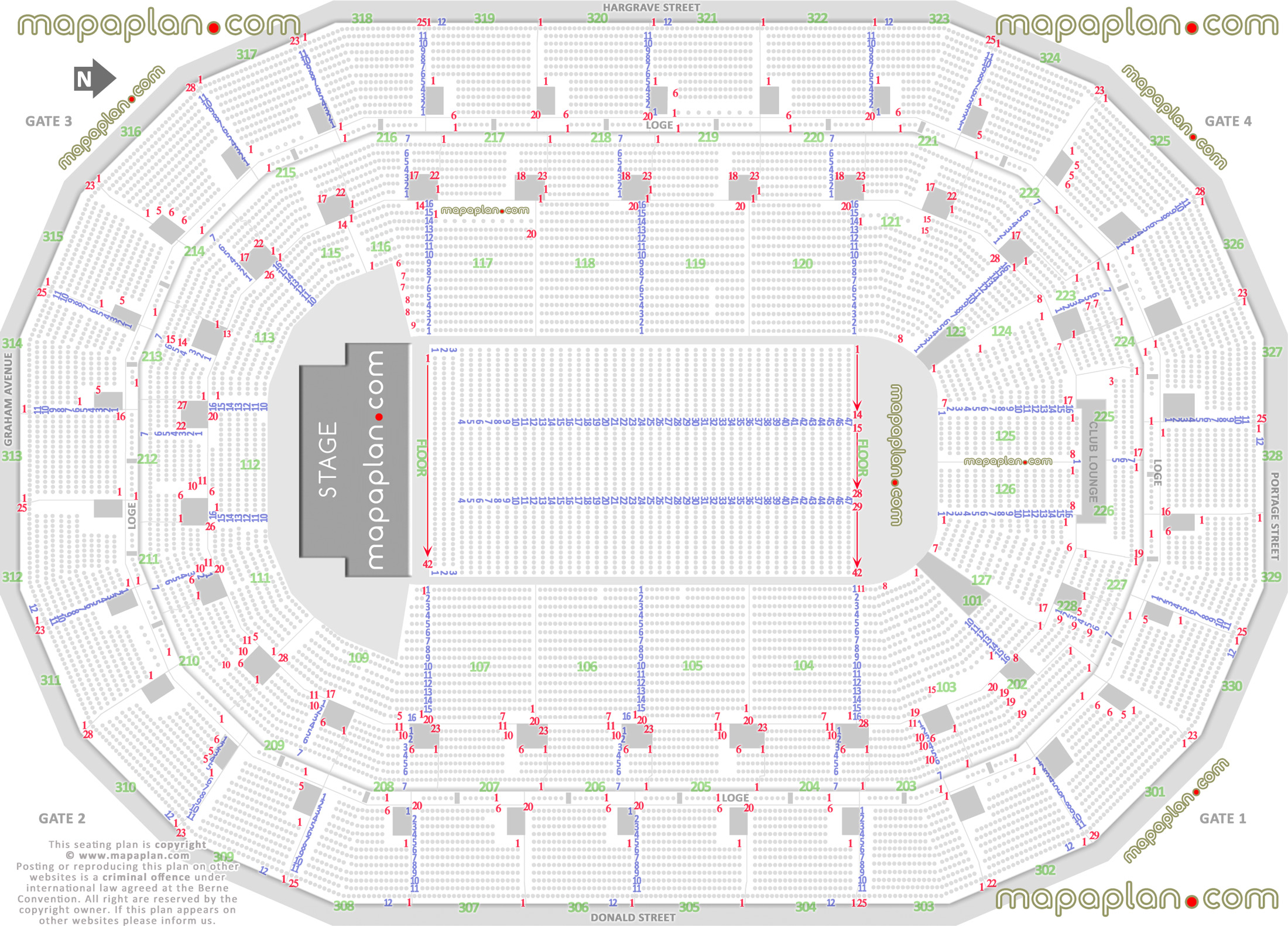 detailed seat row numbers end stage concert sections floor plan map arena lower upper level layout Winnipeg Canada Life Centre seating chart