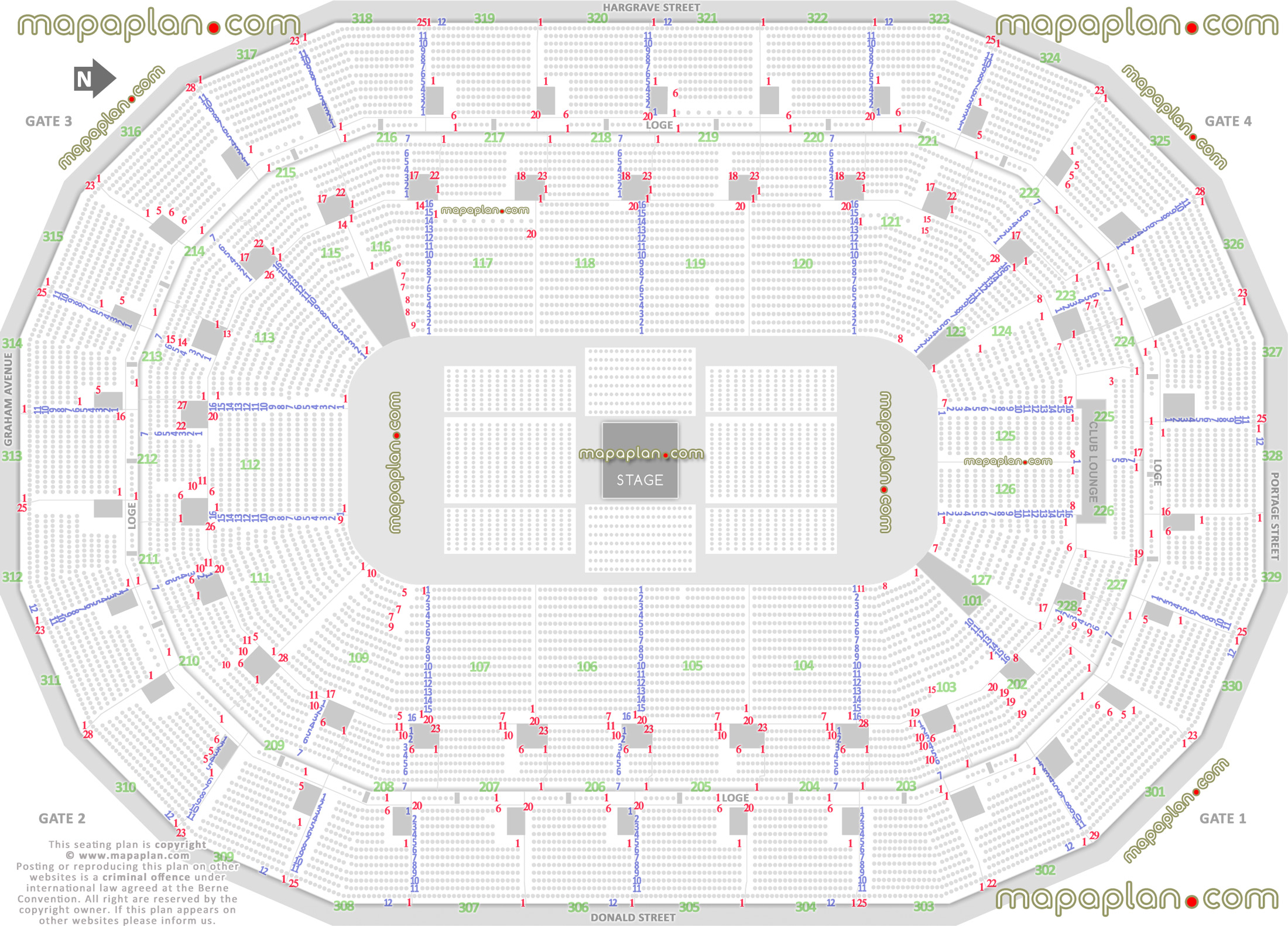 concert stage round 360 degree arrangement how many seats per row balcony sections 301 302 303 304 305 306 307 308 309 310 311 312 313 314 315 316 317 318 319 320 321 322 323 324 325 326 327 328 329 330 Winnipeg Canada Life Centre seating chart