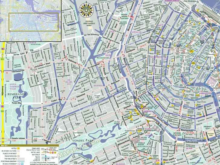 City centre detailed street travel plan must see places to visit tram metro lines Amsterdam top tourist attractions map