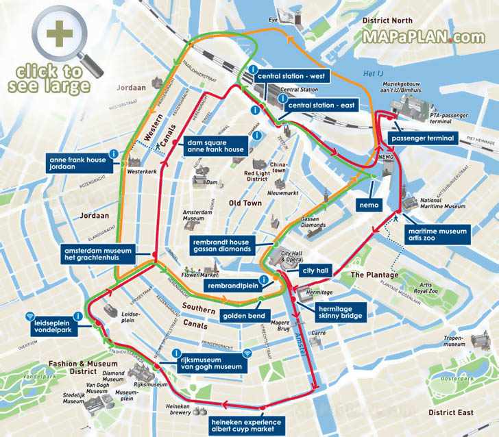 Canal Bus canal cruises with Red Orange Green lines Amsterdam top tourist attractions map