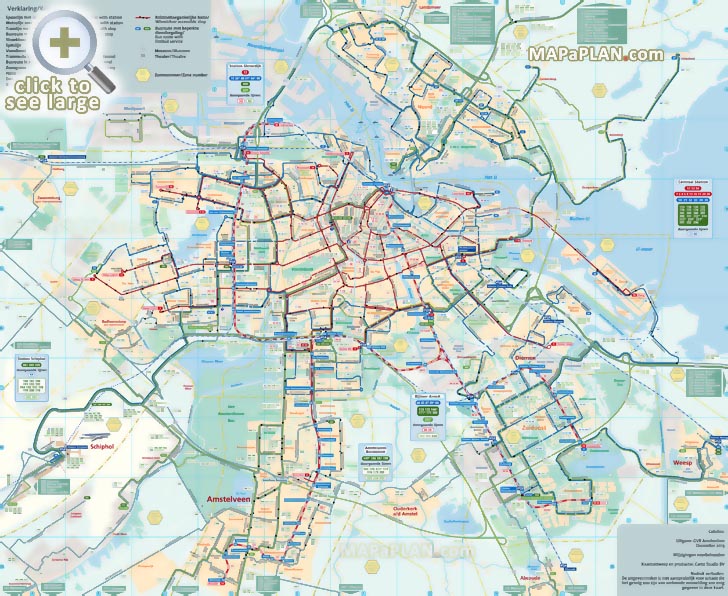 Official GVB public transport network system tram bus metro ferry Schiphol International Airport Amsterdam top tourist attractions map