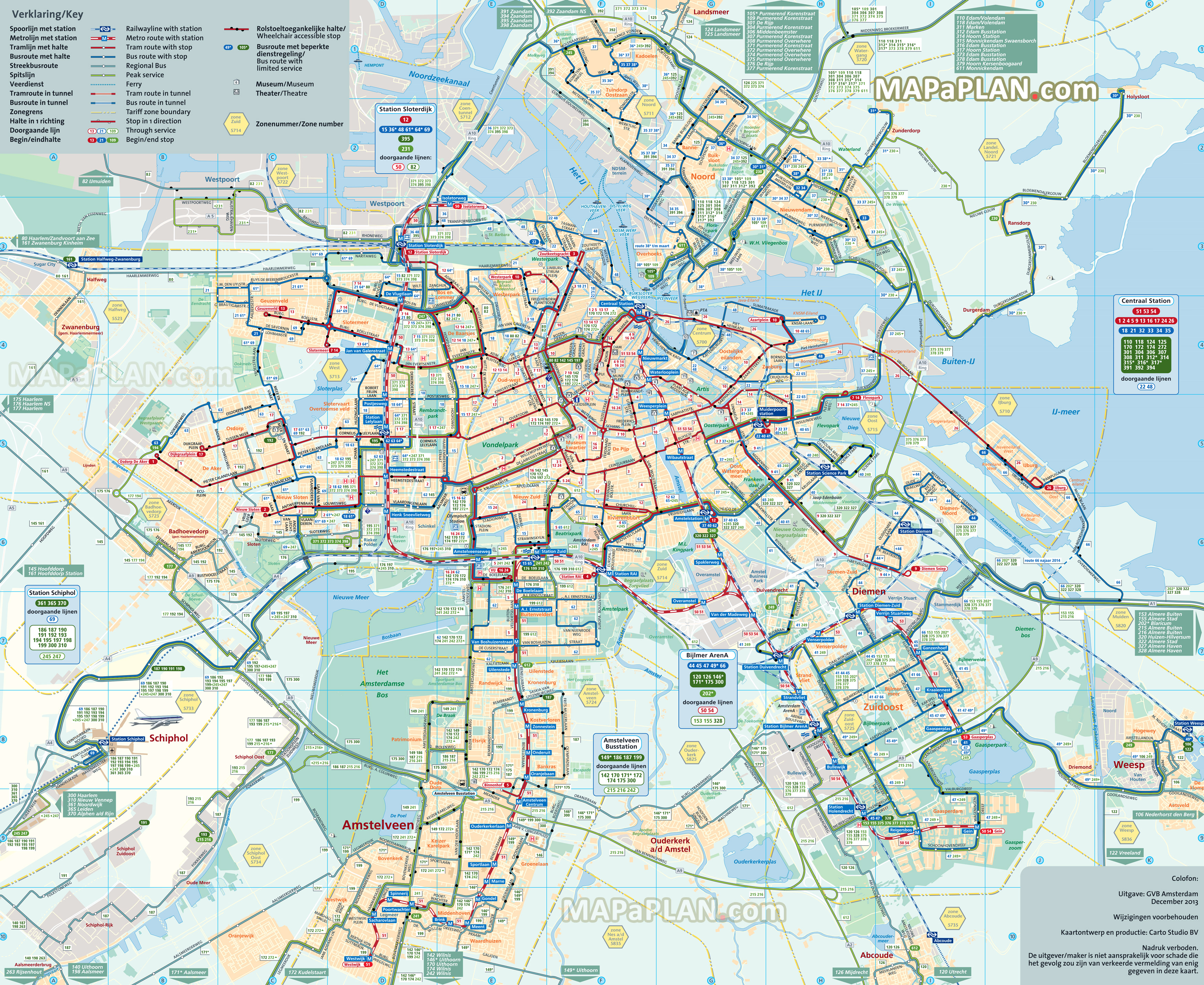 Official GVB public transport network system tram bus metro ferry Schiphol International Airport Amsterdam top tourist attractions map