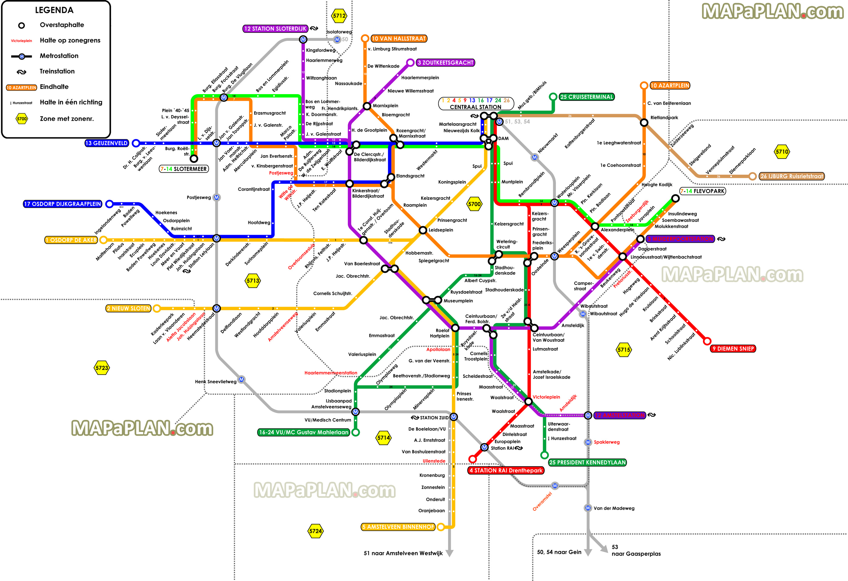 Metro tram transit diagram with directions to Centraal Station Amsterdam top tourist attractions map