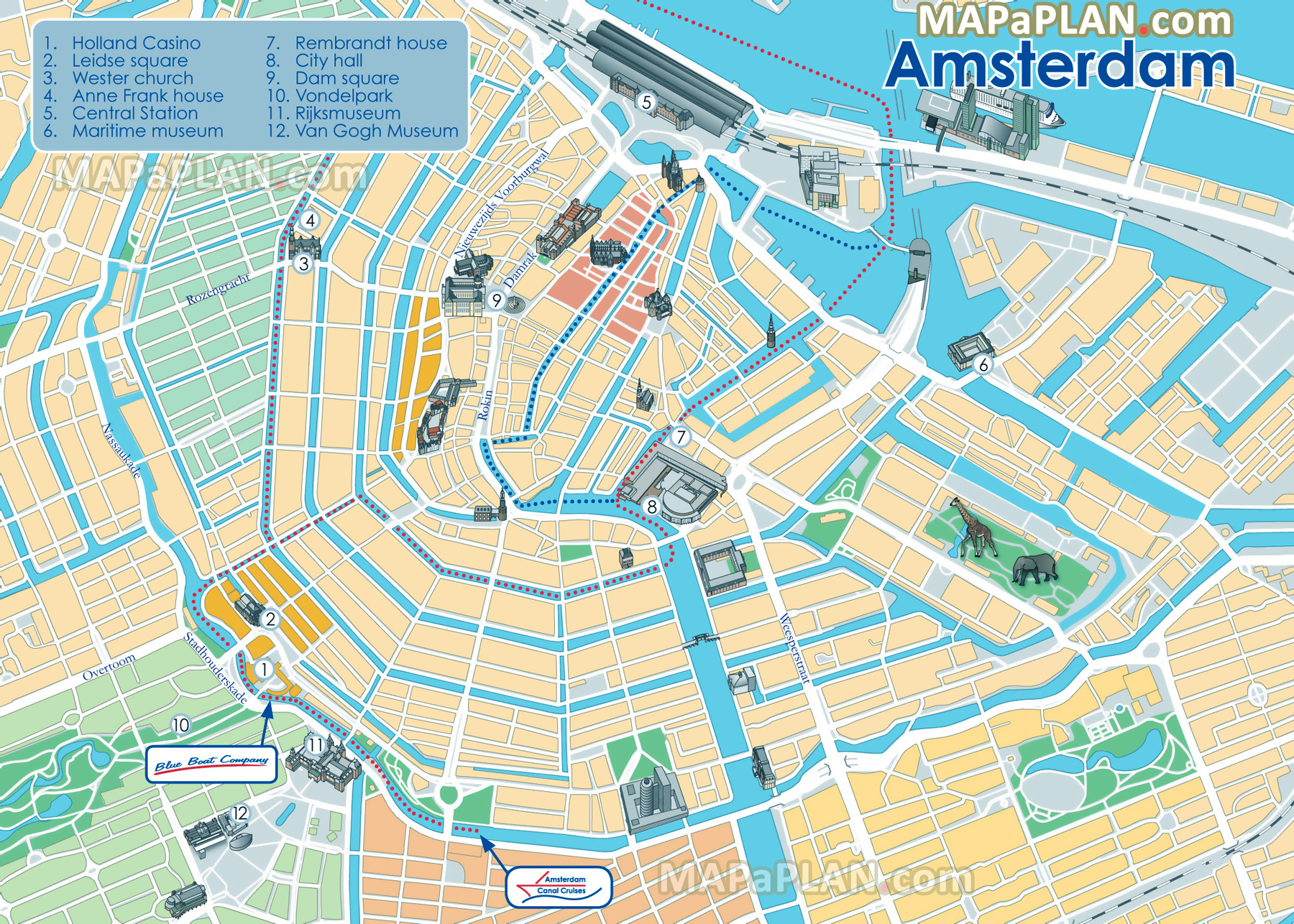 Blue Boat Company canal cruises water routes Amsterdam top tourist attractions map
