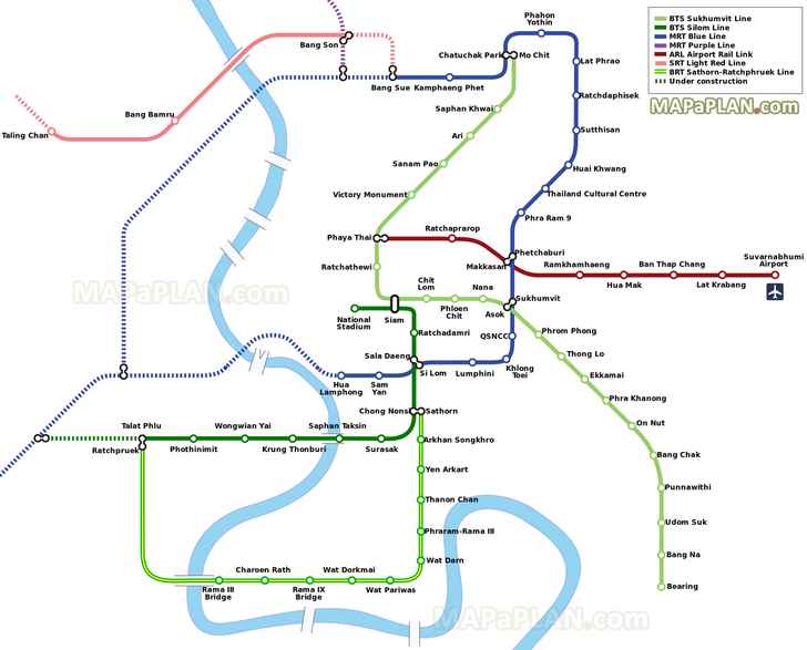 Public transport rail lines with BTS Sky Train MRT Metro Tube Subway Underground Blue Purple ARL SRT BRT Bangkok top tourist attractions map