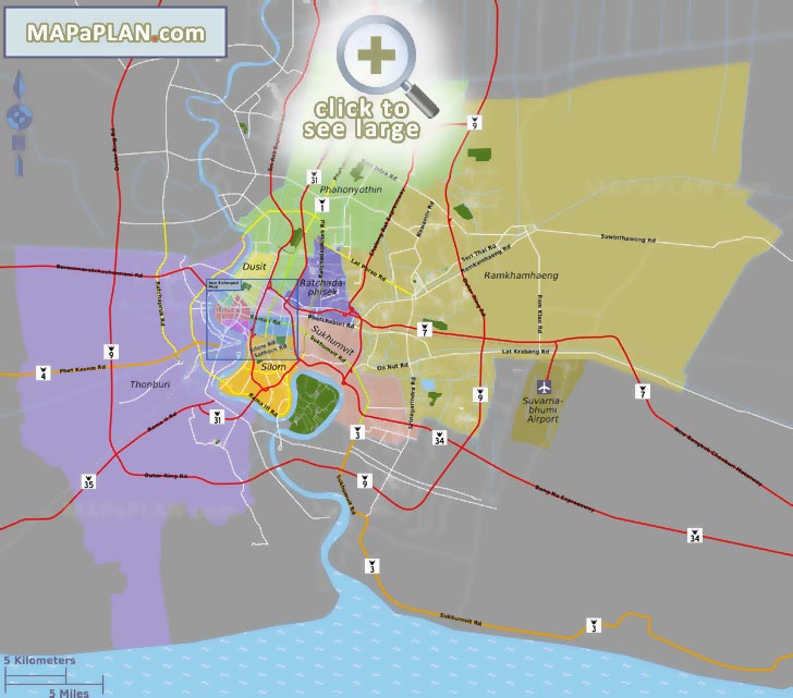 Main district neighborhood areas with Suvarnabhumi Don Muang Airports Bangkok top tourist attractions map
