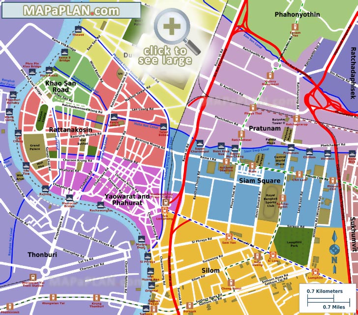 Most popular central districts including Siam Square Yaowarat Phahurat Rattanakosin Khao San Road Bangkok top tourist attractions map
