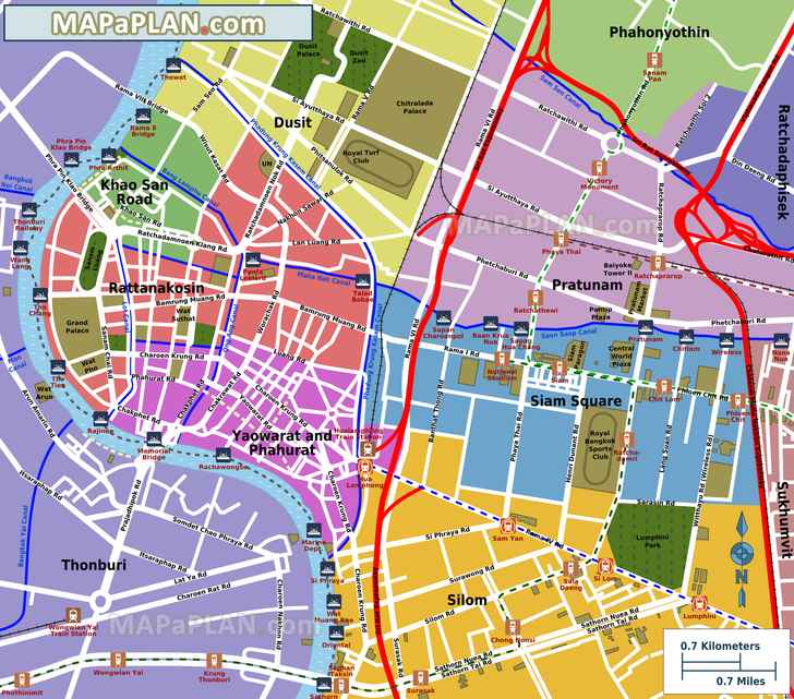 Most popular central districts including Siam Square Yaowarat Phahurat Rattanakosin Khao San Road Bangkok top tourist attractions map