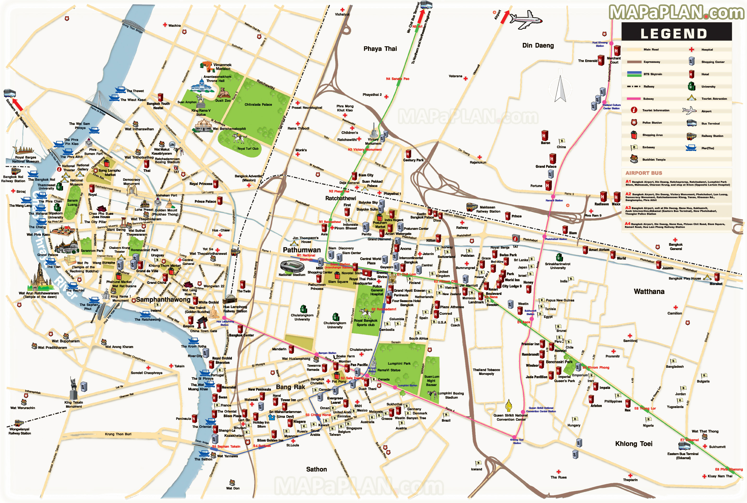 Detailed 3d birds eye aerial view street plan with English directions to tourism sites spots Bangkok top tourist attractions map