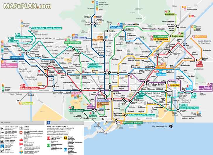 Metro Subway Tube stations visitors map with major streets overlay Barcelona top tourist attractions map