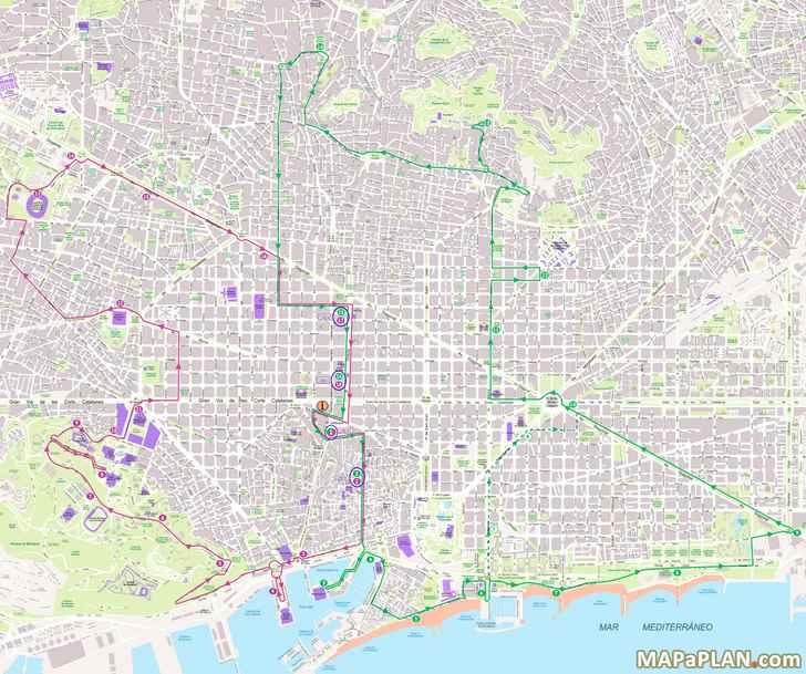 Barcelona City double decker open top bus west and east routes Barcelona top tourist attractions map