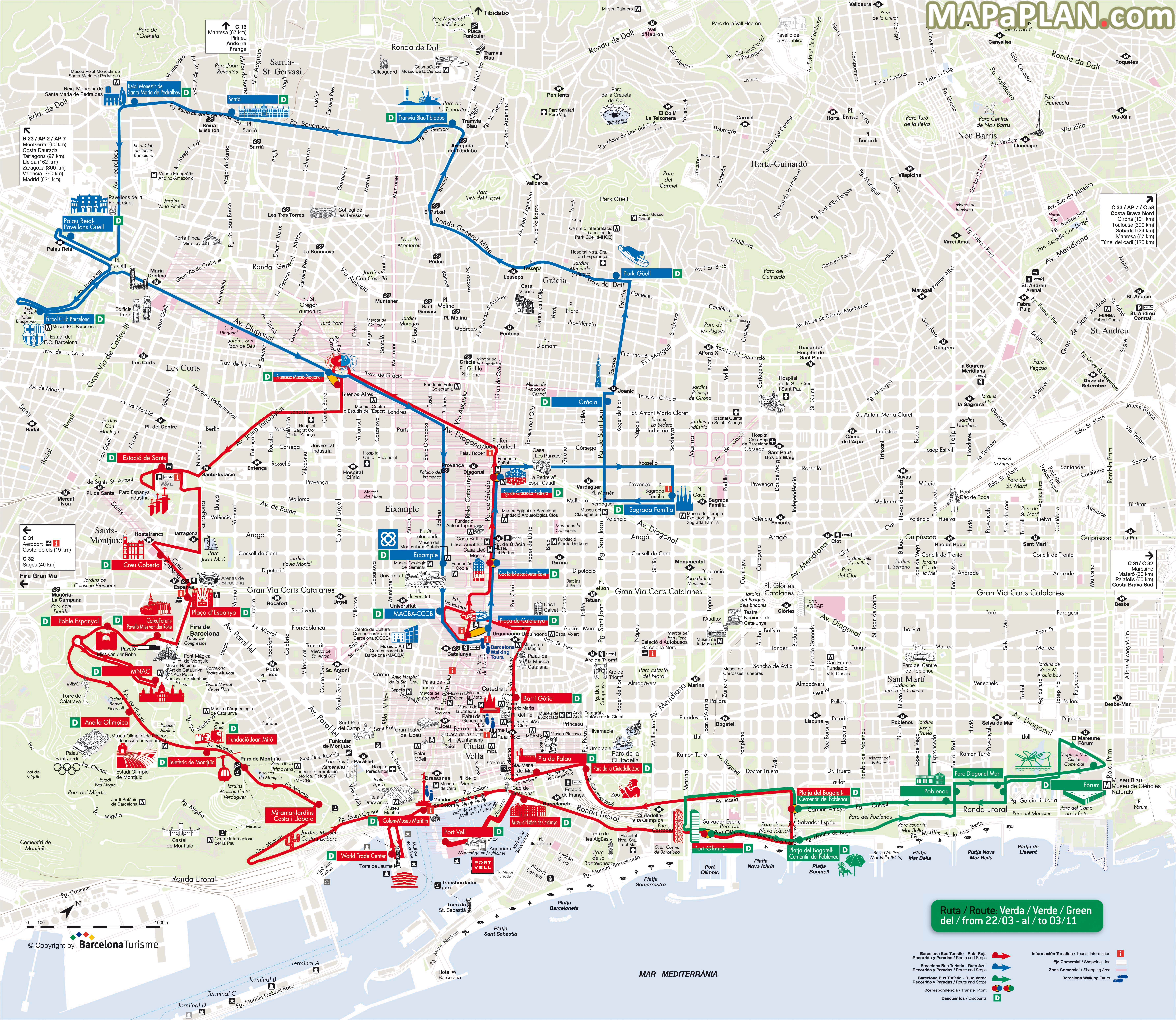 Barcelona map City Sightseeing hopon hopoff bus tour Red, Blue