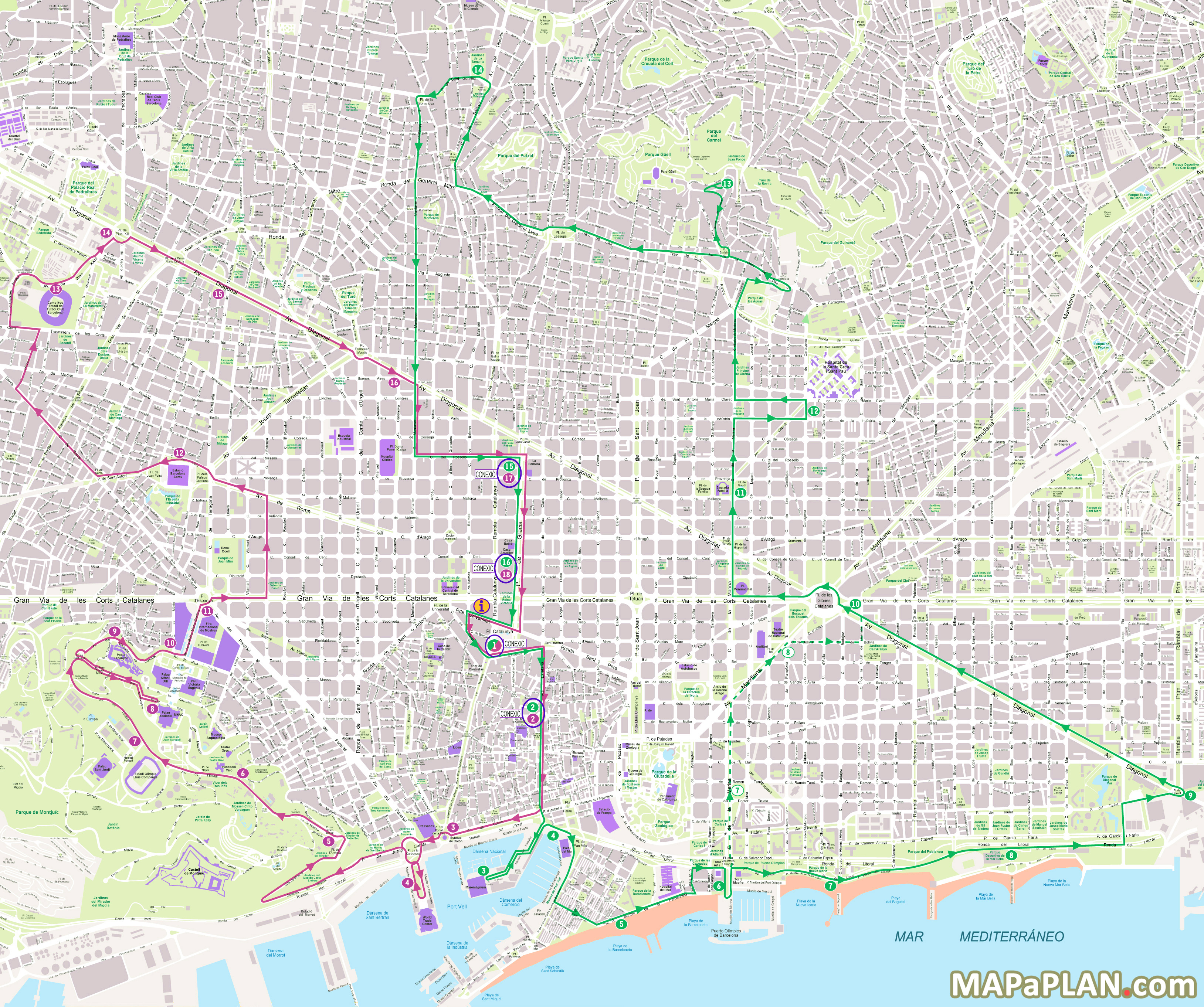 Barcelona City double decker open top bus west and east routes Barcelona top tourist attractions map