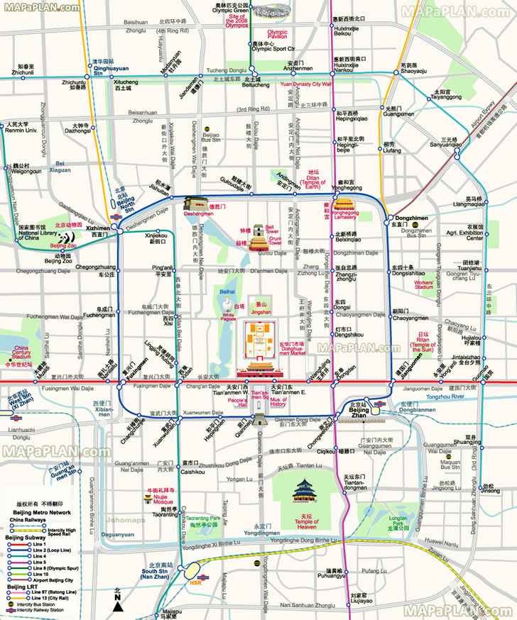 metro tube transport routes stops tiantan temple heaven drum bell tower zoo donghuamen night market birds nest olympic park Beijing top tourist attractions map