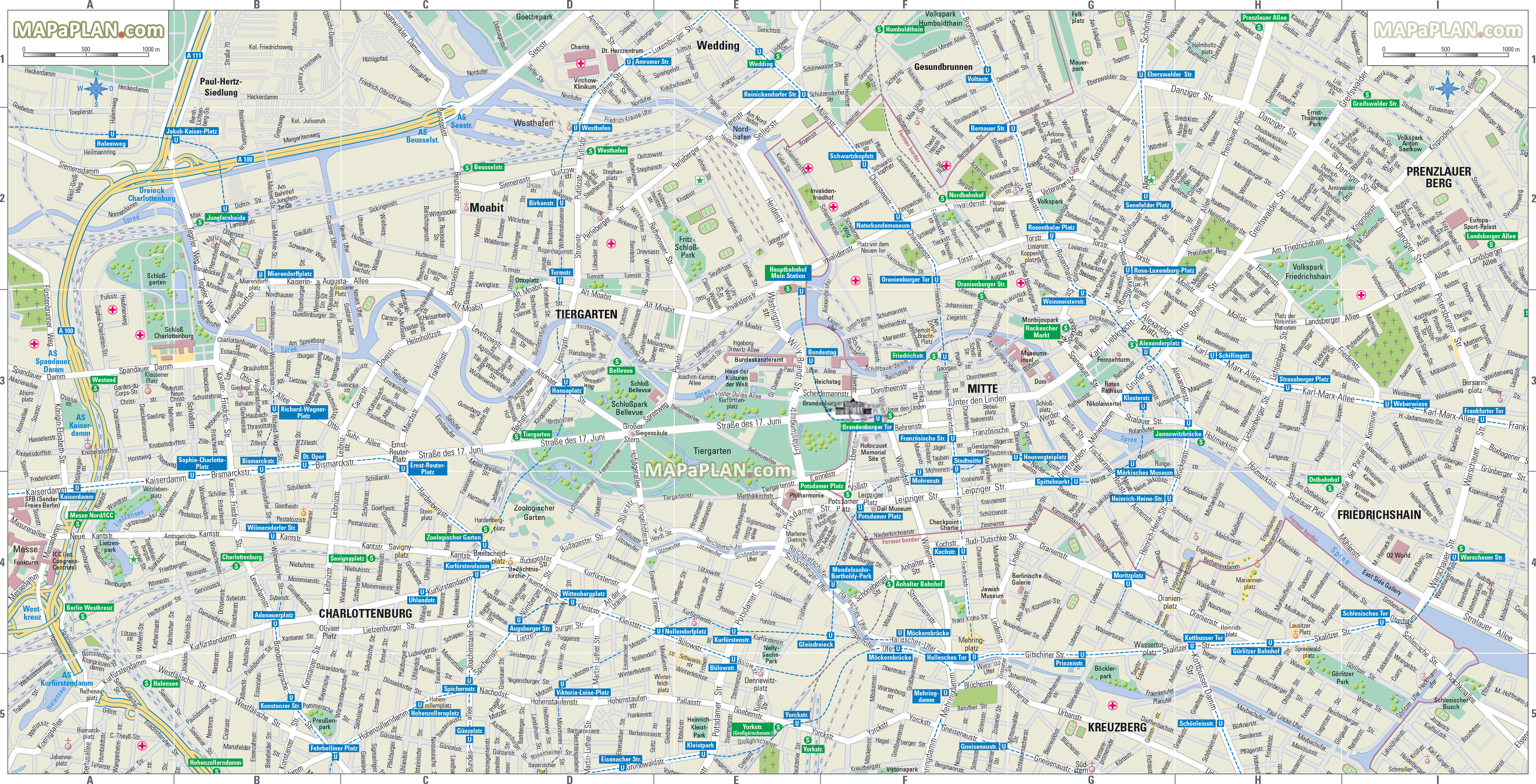 Berlin Map City Centre Mitte Detailed Road Names Plan Showing Schnellbahn Trains U Bahn Metro Berlin Wall Border Trail