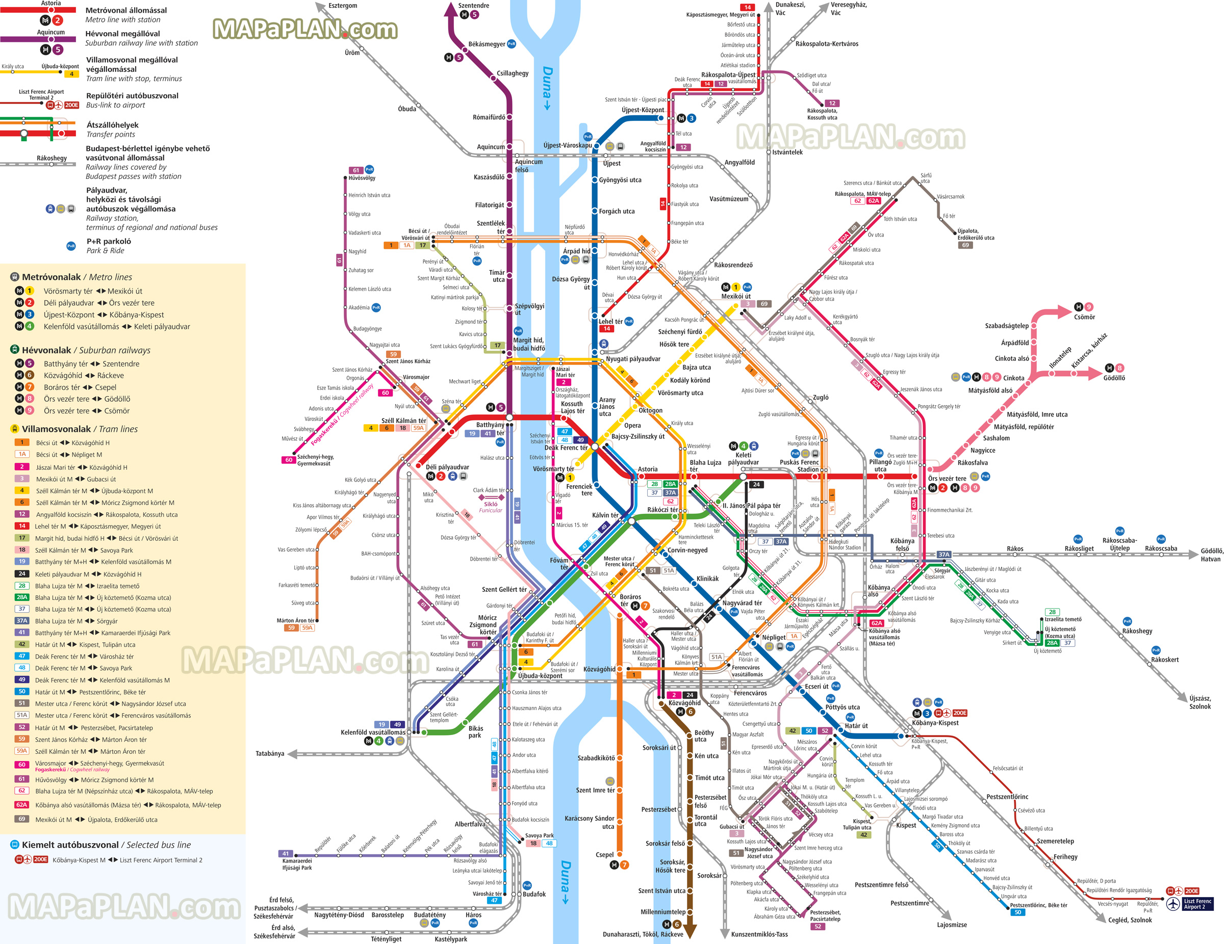 Budapest Map Metro Subway Underground Tube Tram Tramway Stations Suburban Hev Railway Lines Bkk Public Transport System Network With Liszt Ferenc Airport Terminal Link